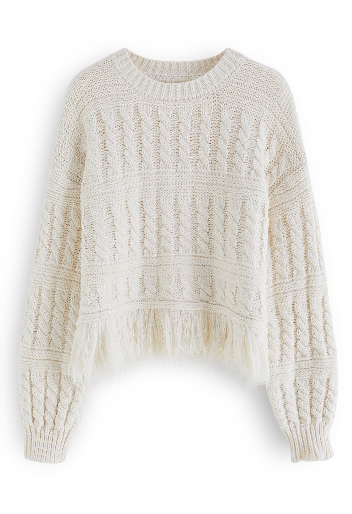 Fringed Hem Braided Knit Sweater in Ivory