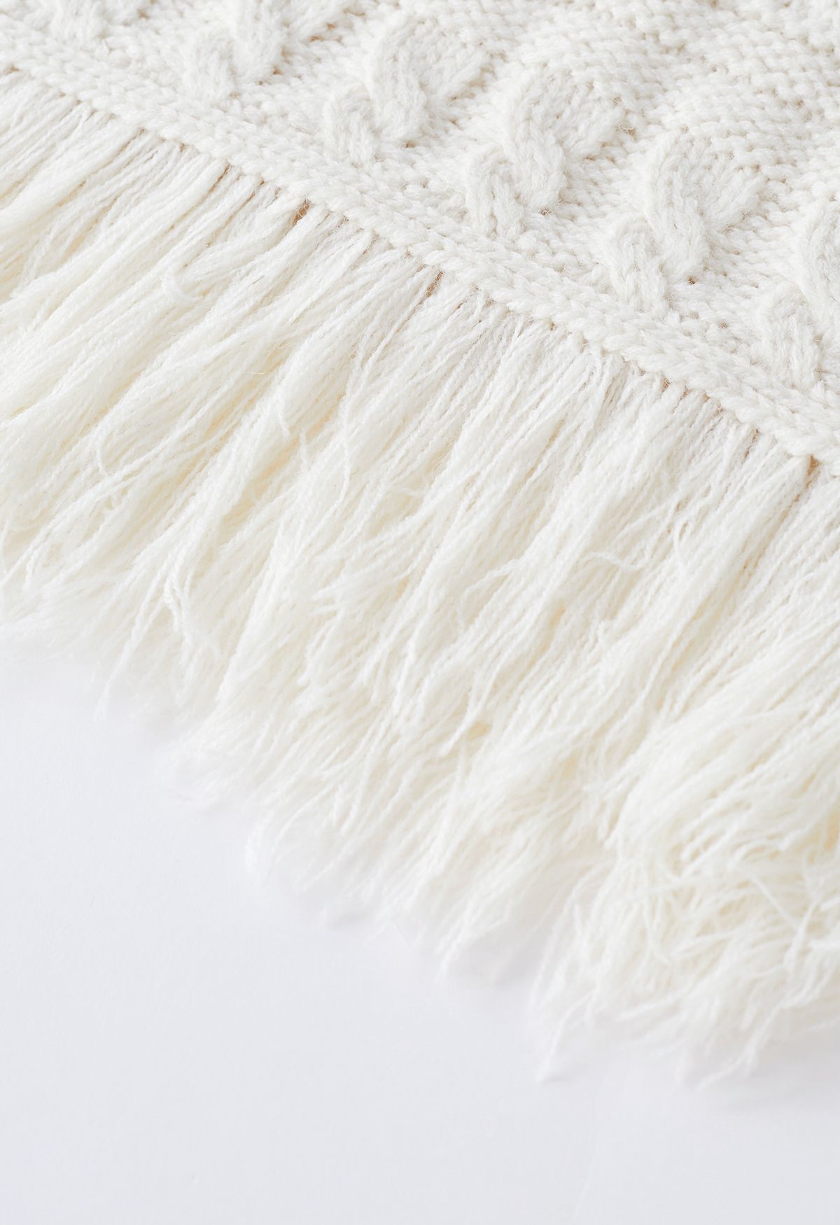 Fringed Hem Braided Knit Sweater in Ivory