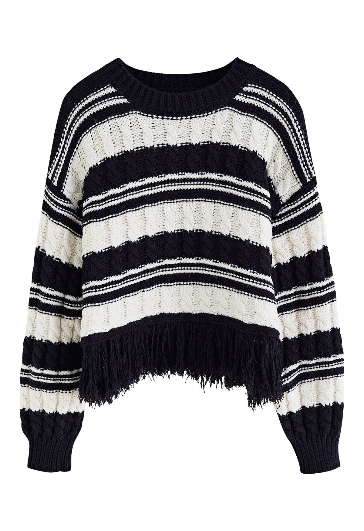 Fringed Hem Braided Knit Sweater in Black