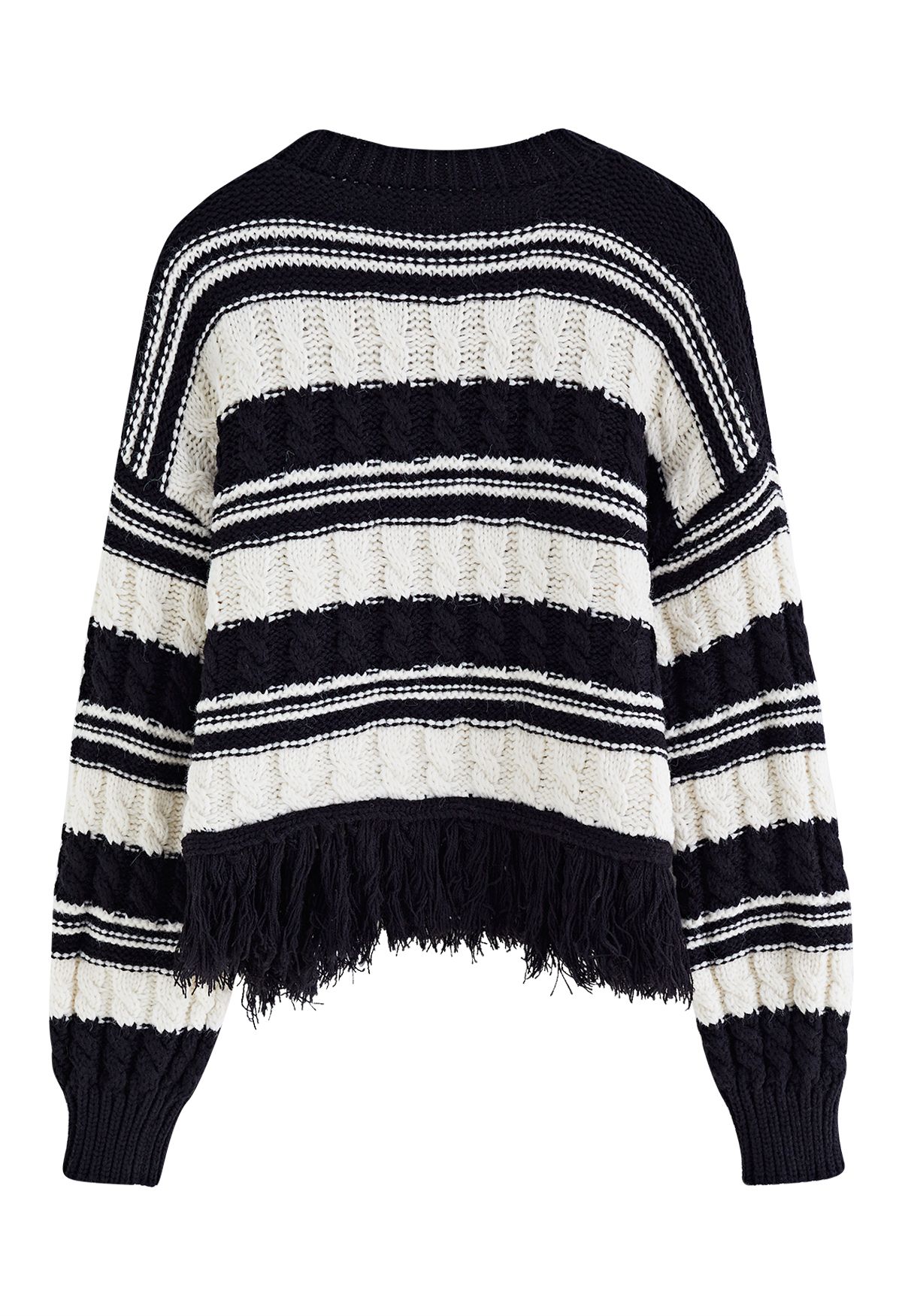 Fringed Hem Braided Knit Sweater in Black