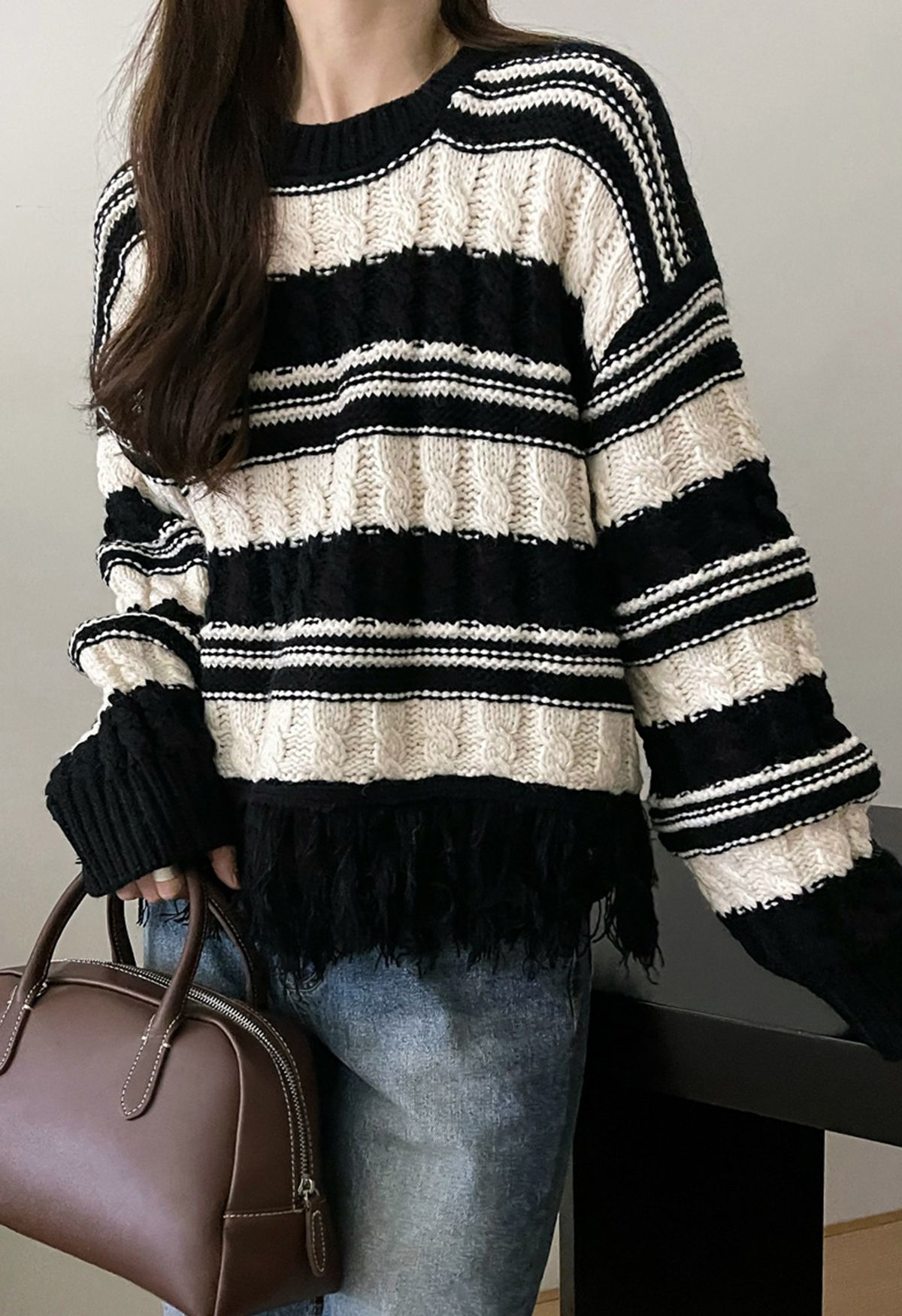 Fringed Hem Braided Knit Sweater in Black