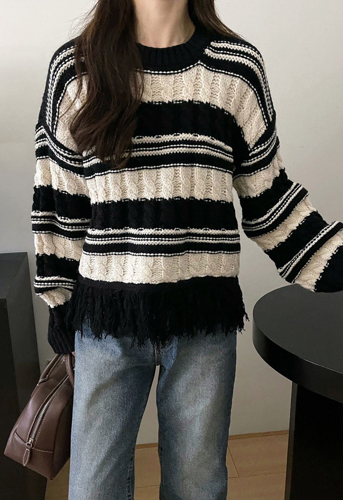 Fringed Hem Braided Knit Sweater in Black