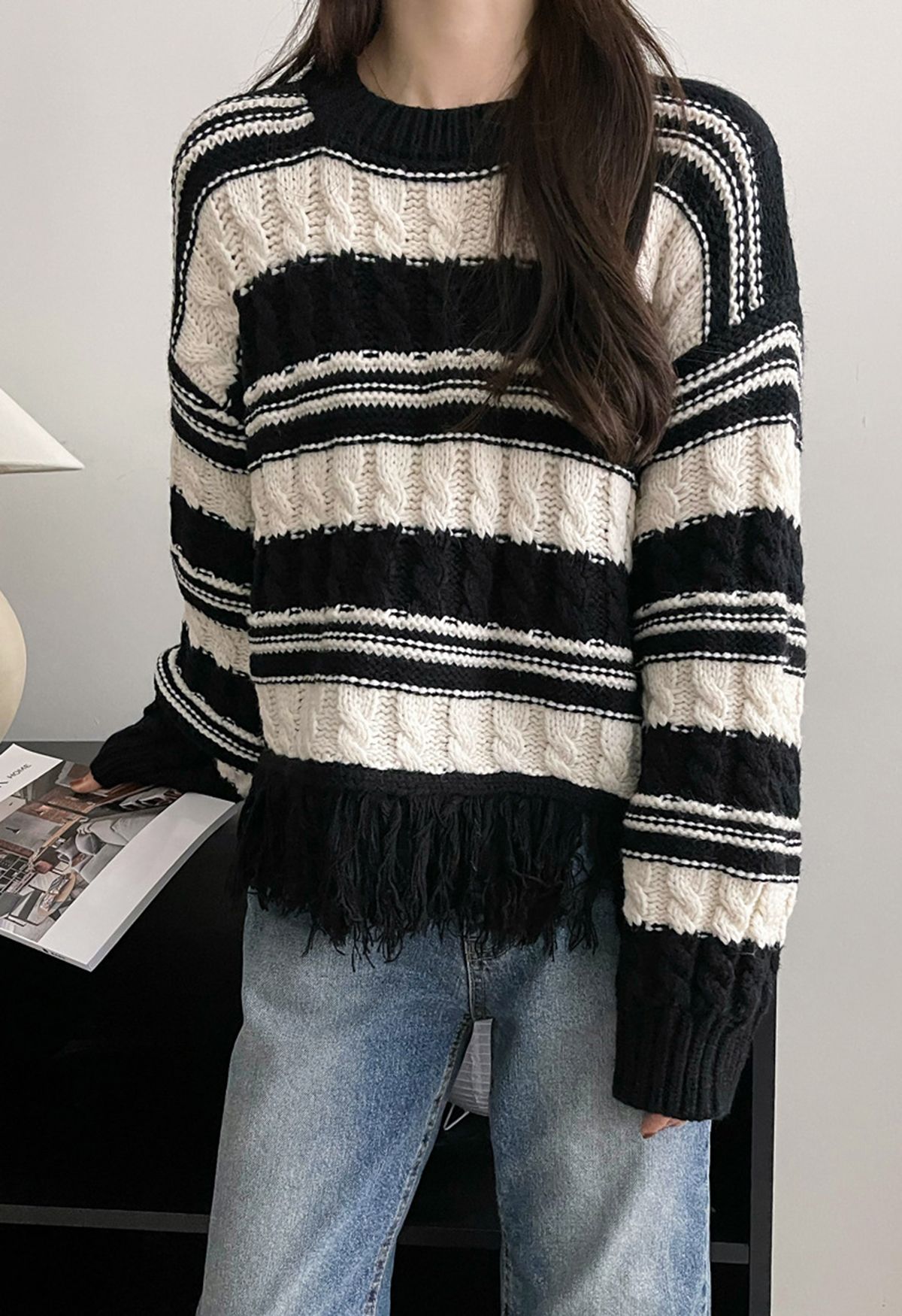 Fringed Hem Braided Knit Sweater in Black