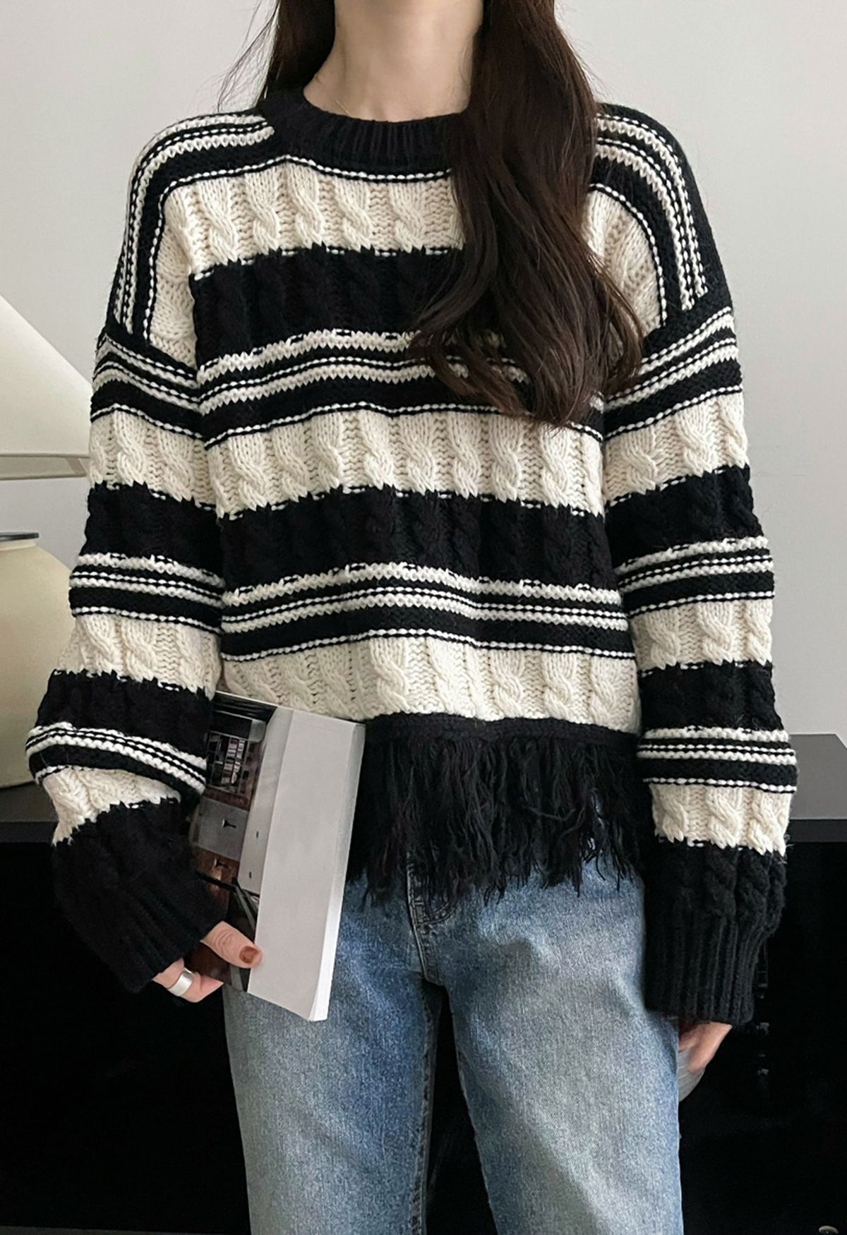 Fringed Hem Braided Knit Sweater in Black