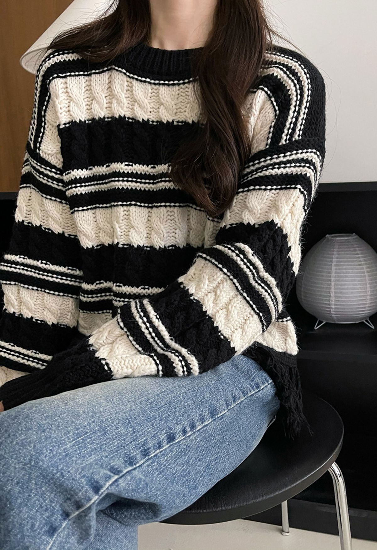 Fringed Hem Braided Knit Sweater in Black