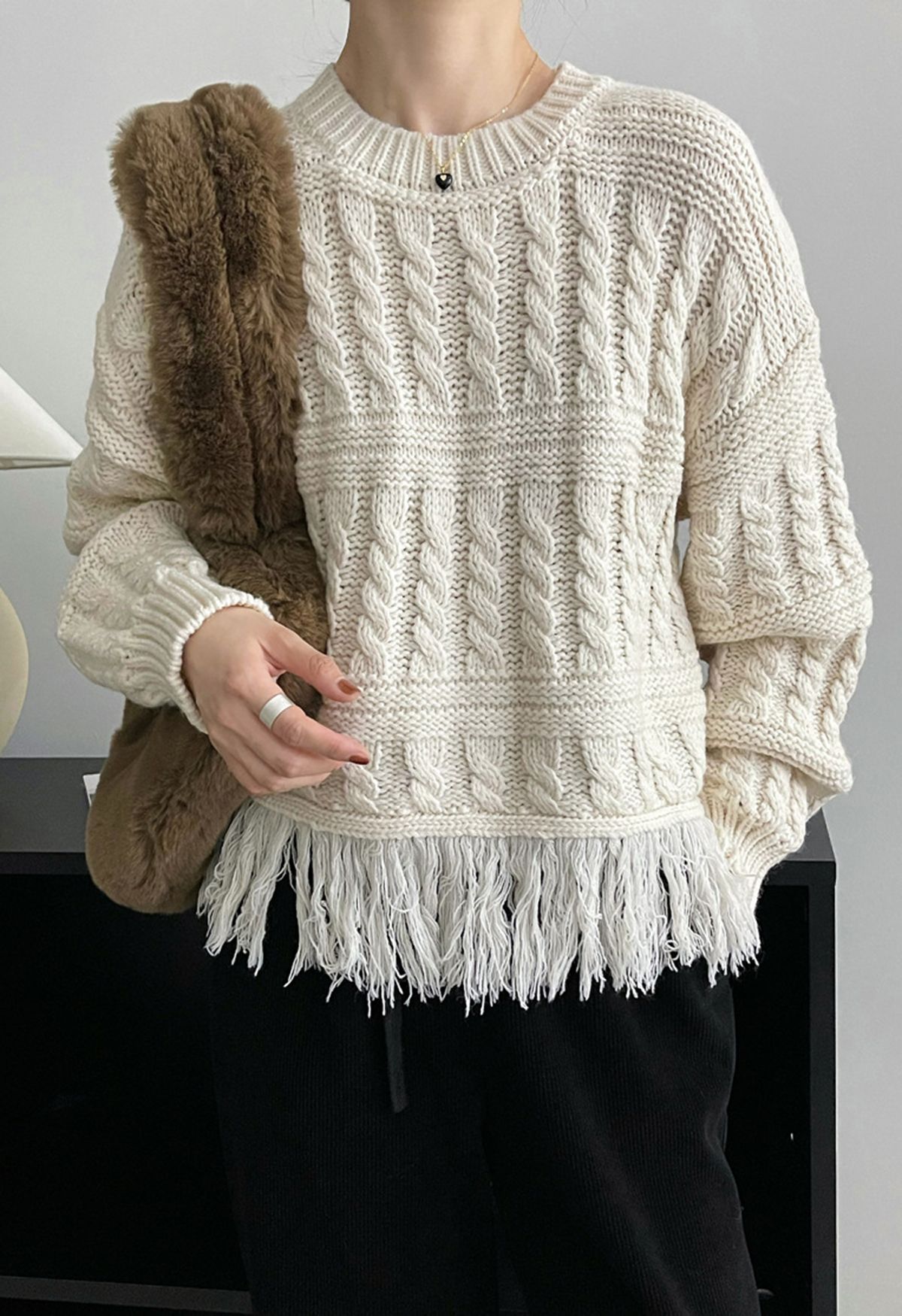 Fringed Hem Braided Knit Sweater in Ivory