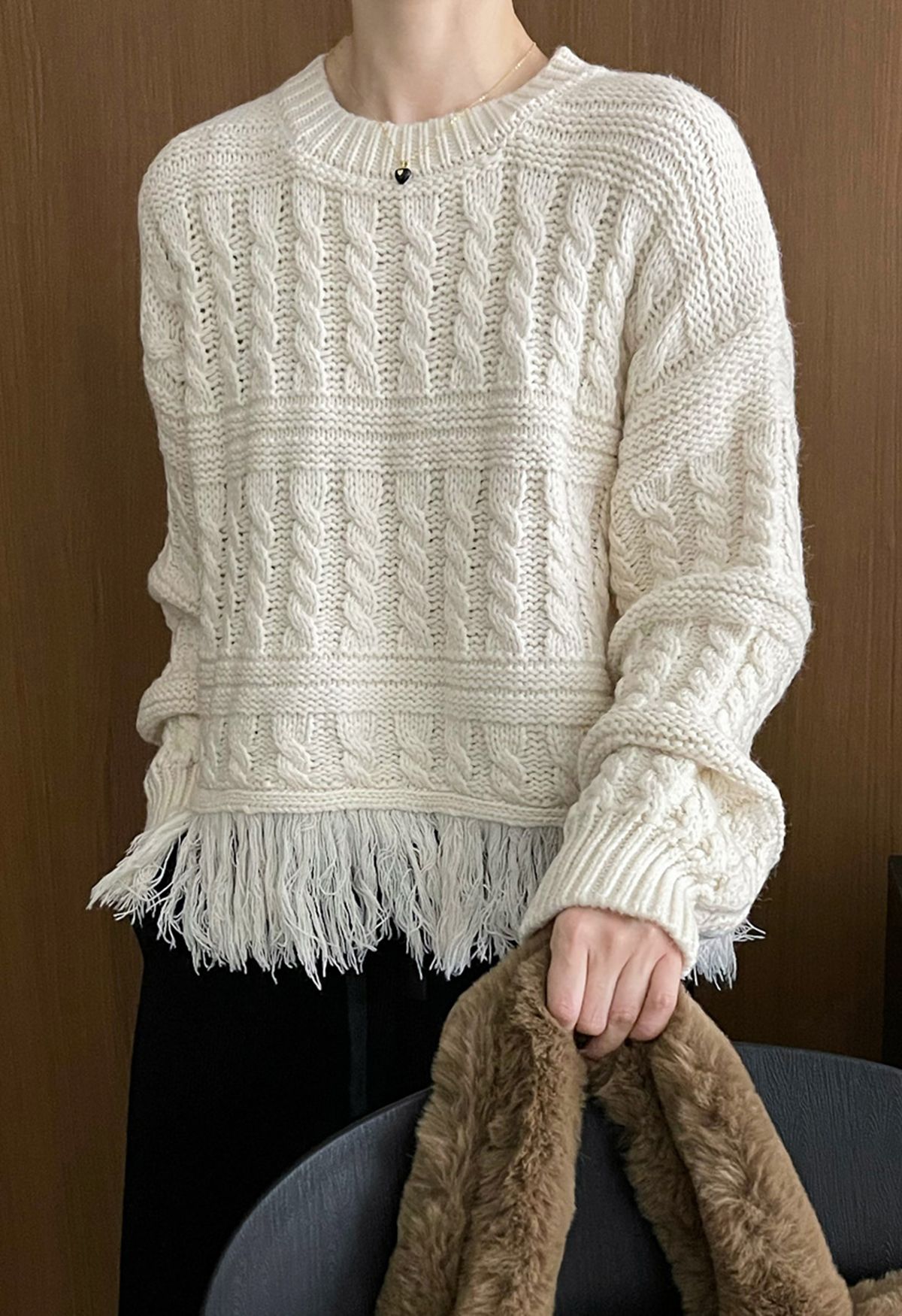 Fringed Hem Braided Knit Sweater in Ivory