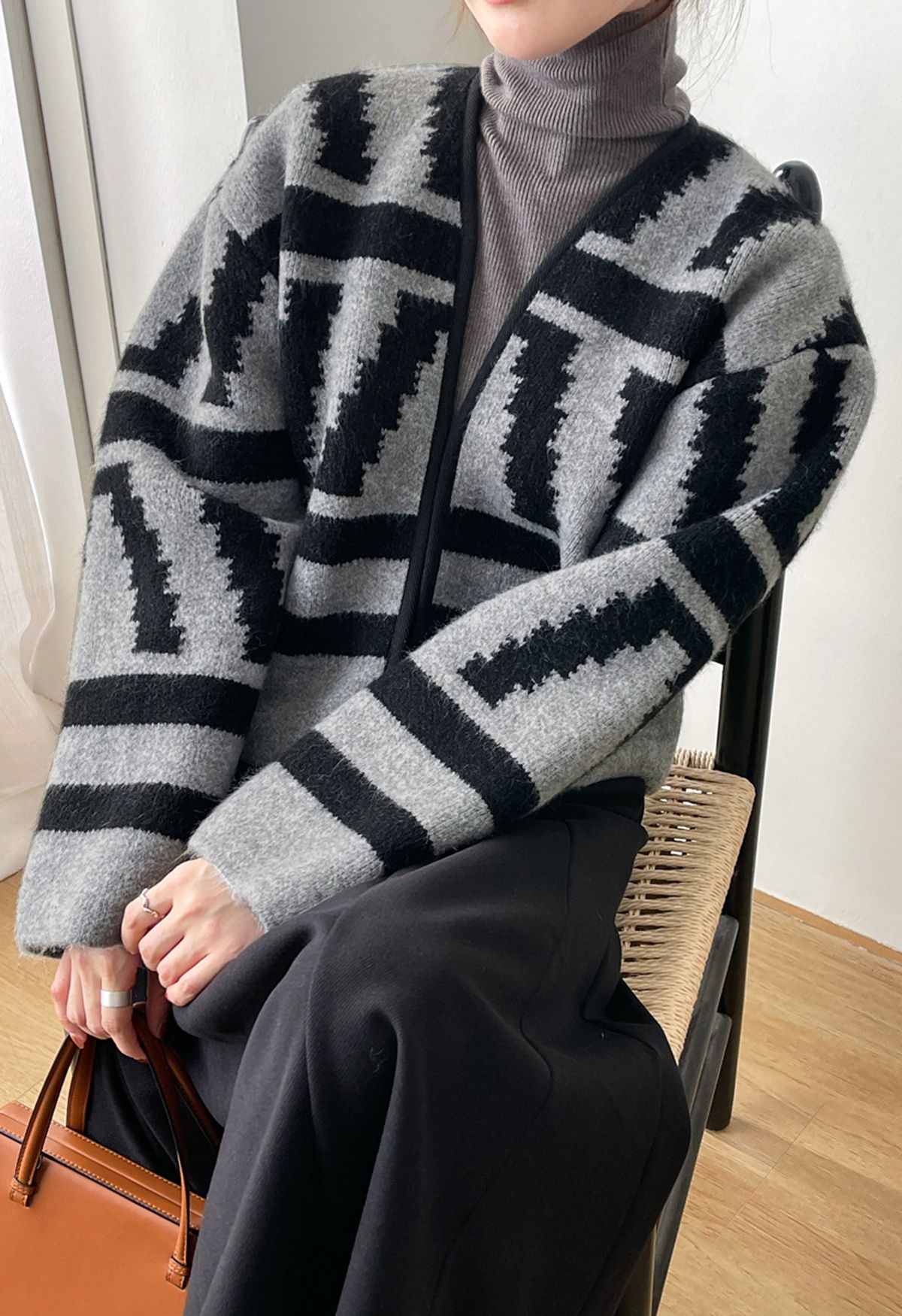 Tie-String Open Front Striped Knit Cardigan in Grey