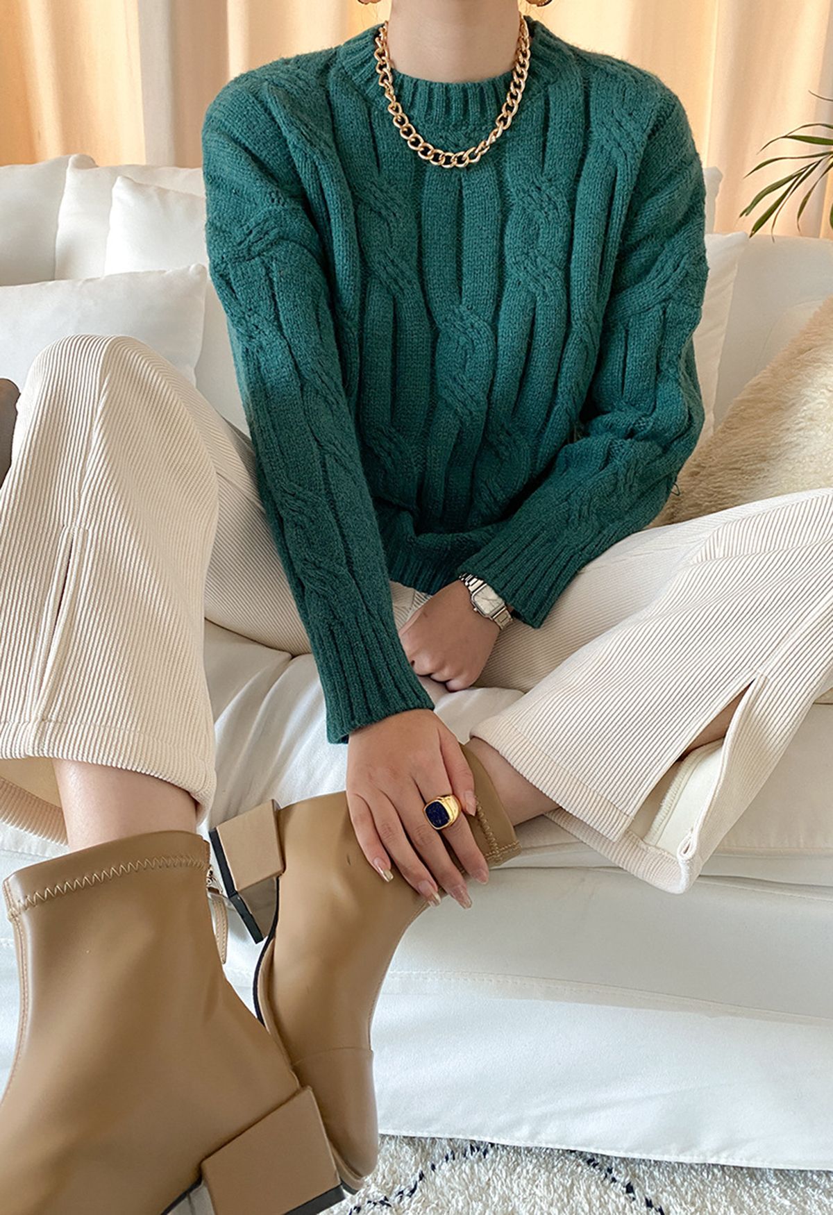 Braid Texture Round Neck Knit Sweater in Teal