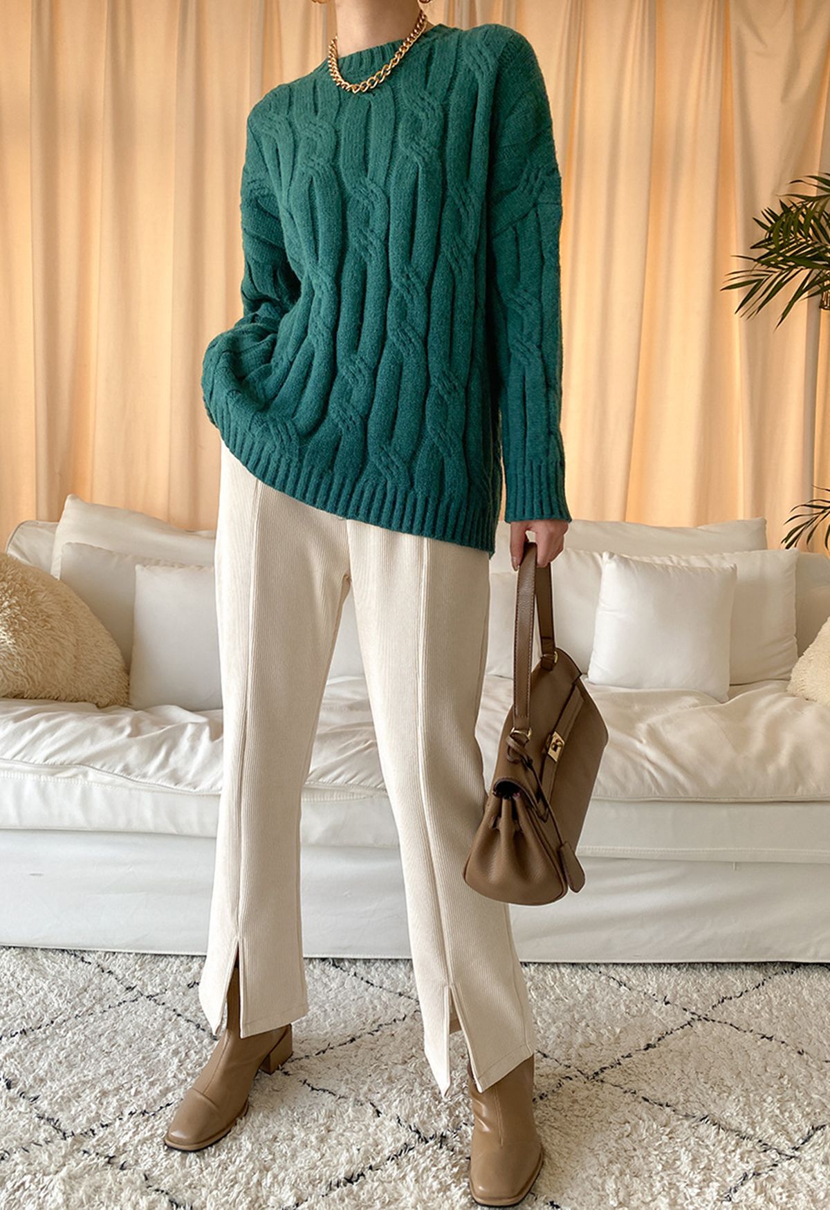 Braid Texture Round Neck Knit Sweater in Teal