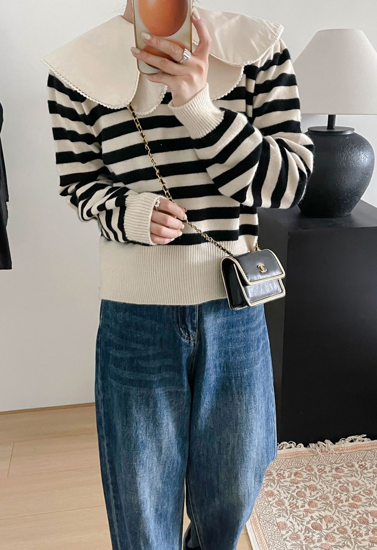 Detachable Tiered Flap Collar Striped Knit Top