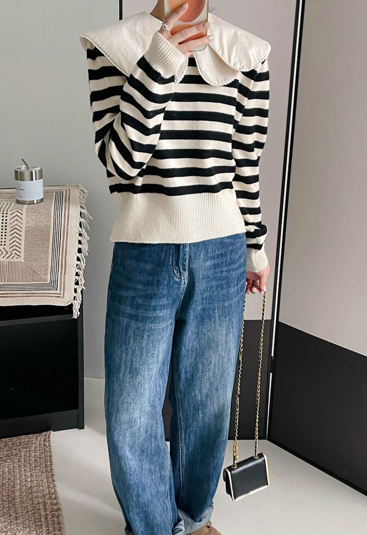 Detachable Tiered Flap Collar Striped Knit Top