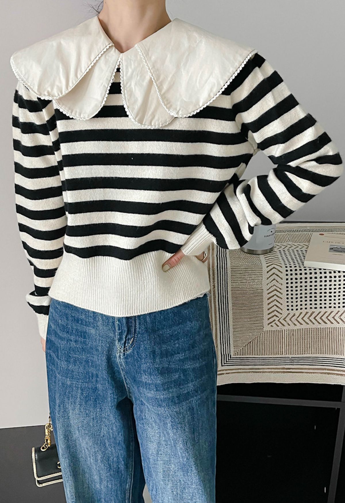 Detachable Tiered Flap Collar Striped Knit Top