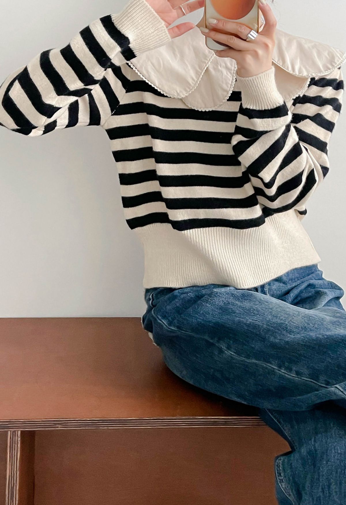 Detachable Tiered Flap Collar Striped Knit Top