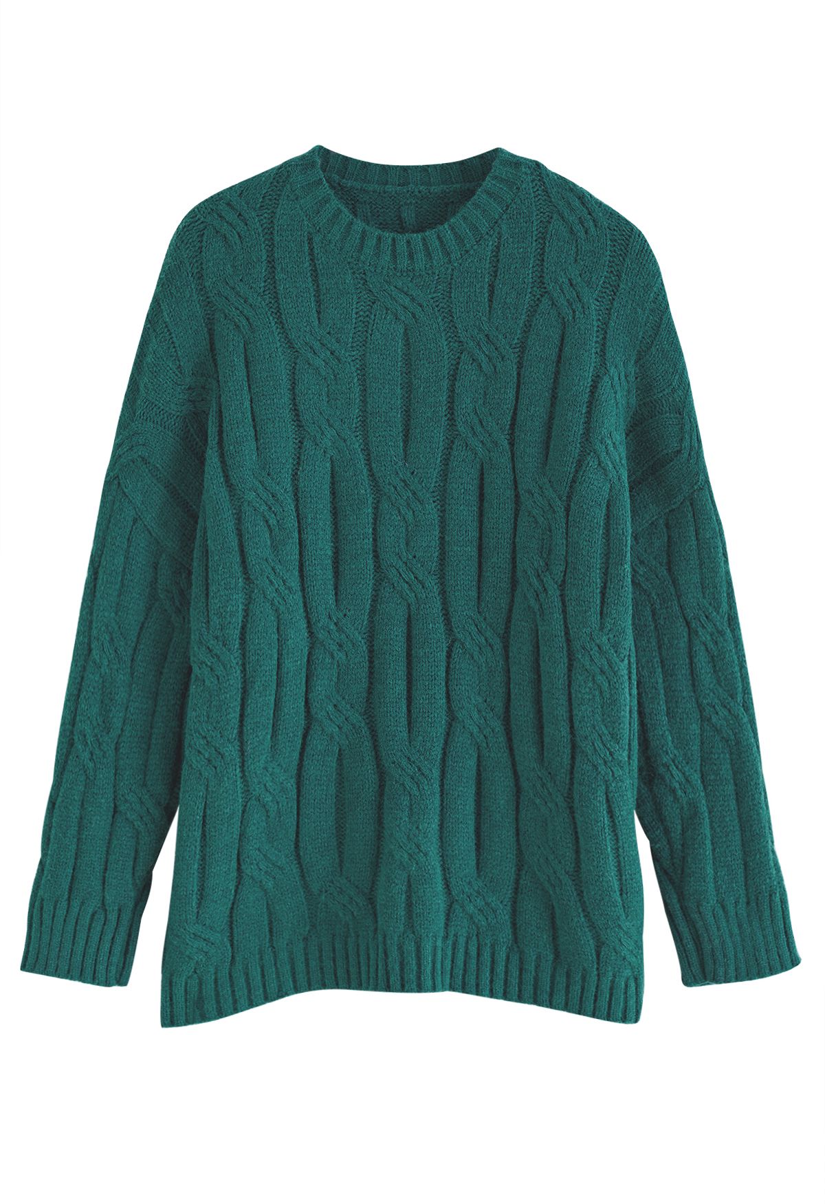 Braid Texture Round Neck Knit Sweater in Teal