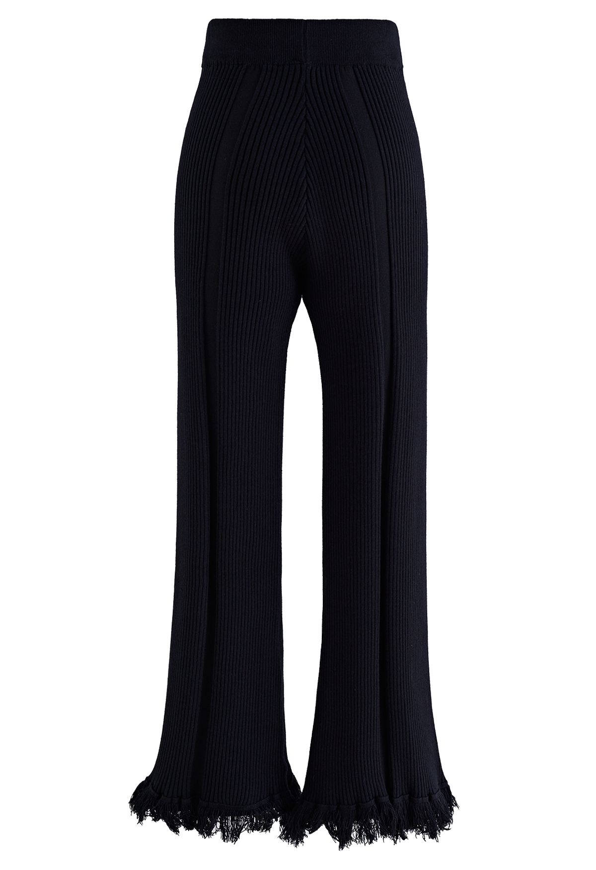 Tassel Flare Hem Ribbed Knit Pants in Black