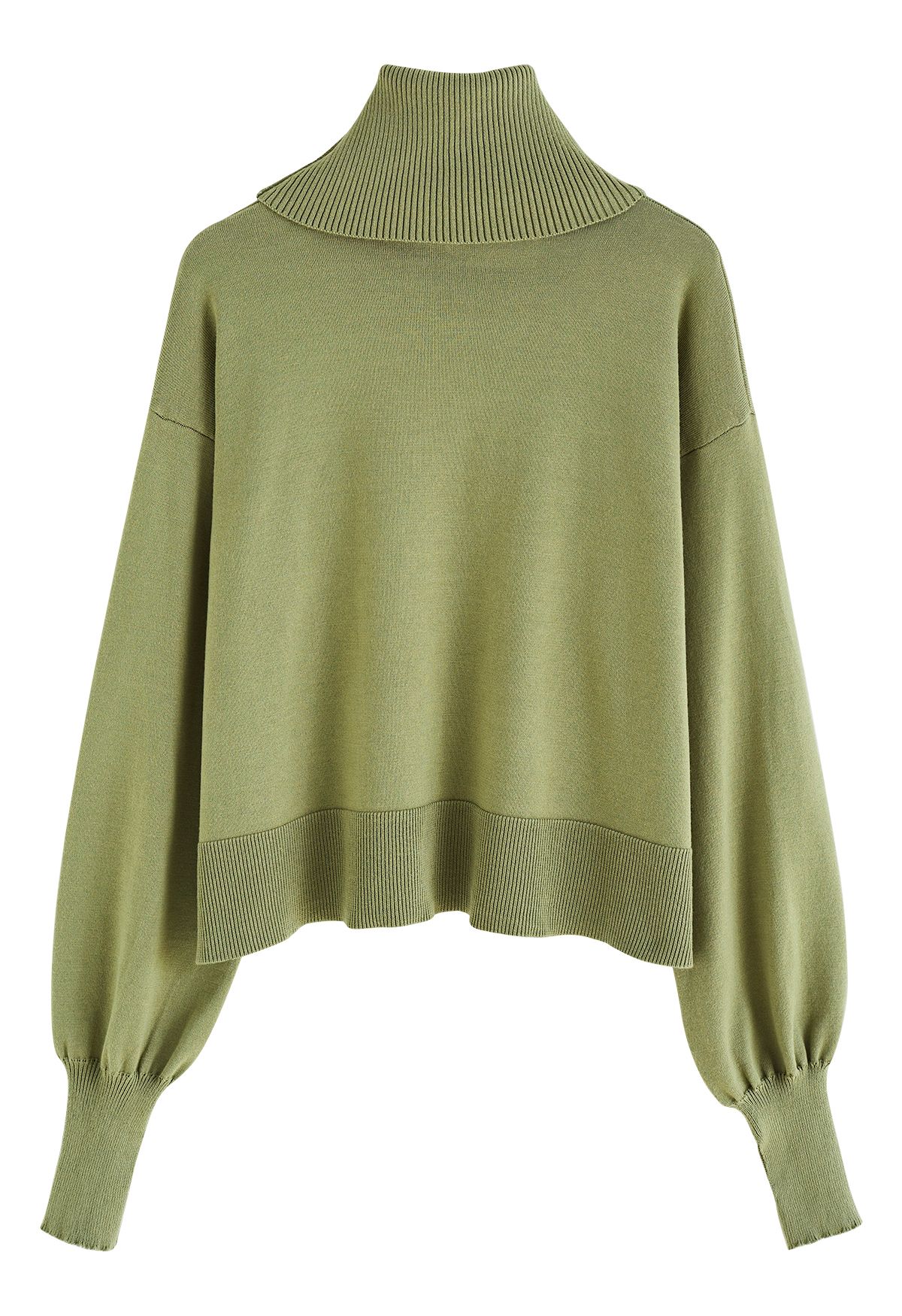 Turtleneck Side Buttons Slouchy Knit Top in Moss Green