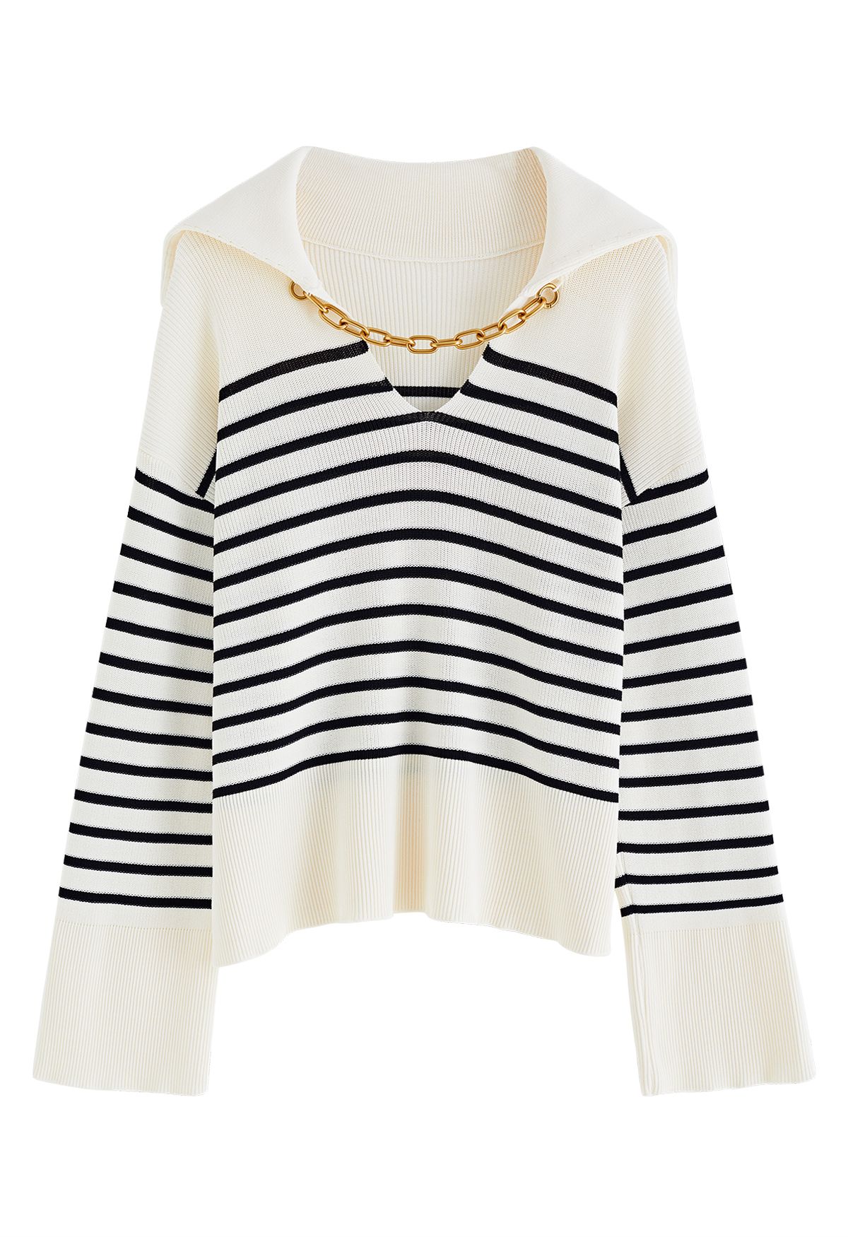 Gold Chain Flap Collar Striped Knit Top in Black