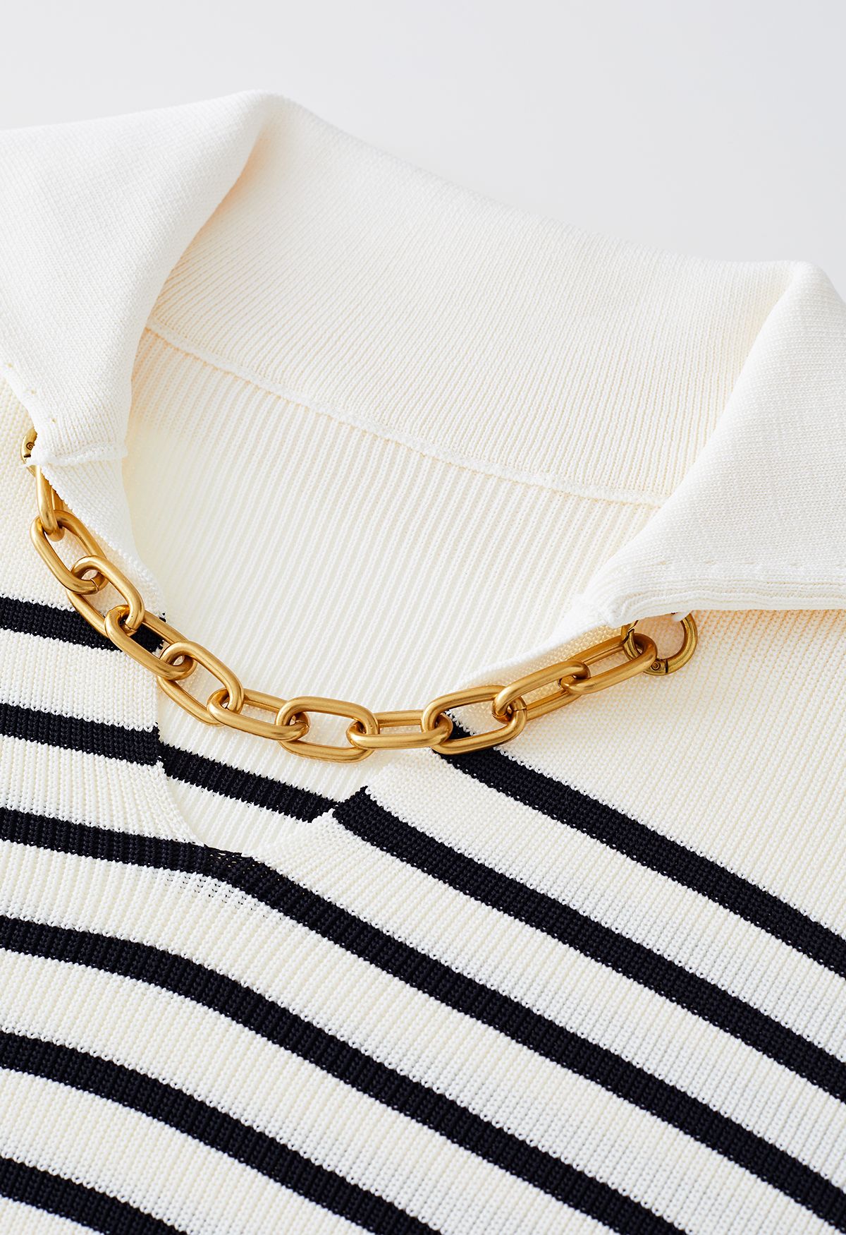 Gold Chain Flap Collar Striped Knit Top in Black