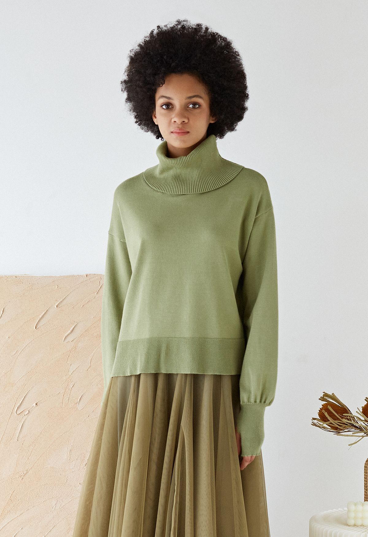 Turtleneck Side Buttons Slouchy Knit Top in Moss Green