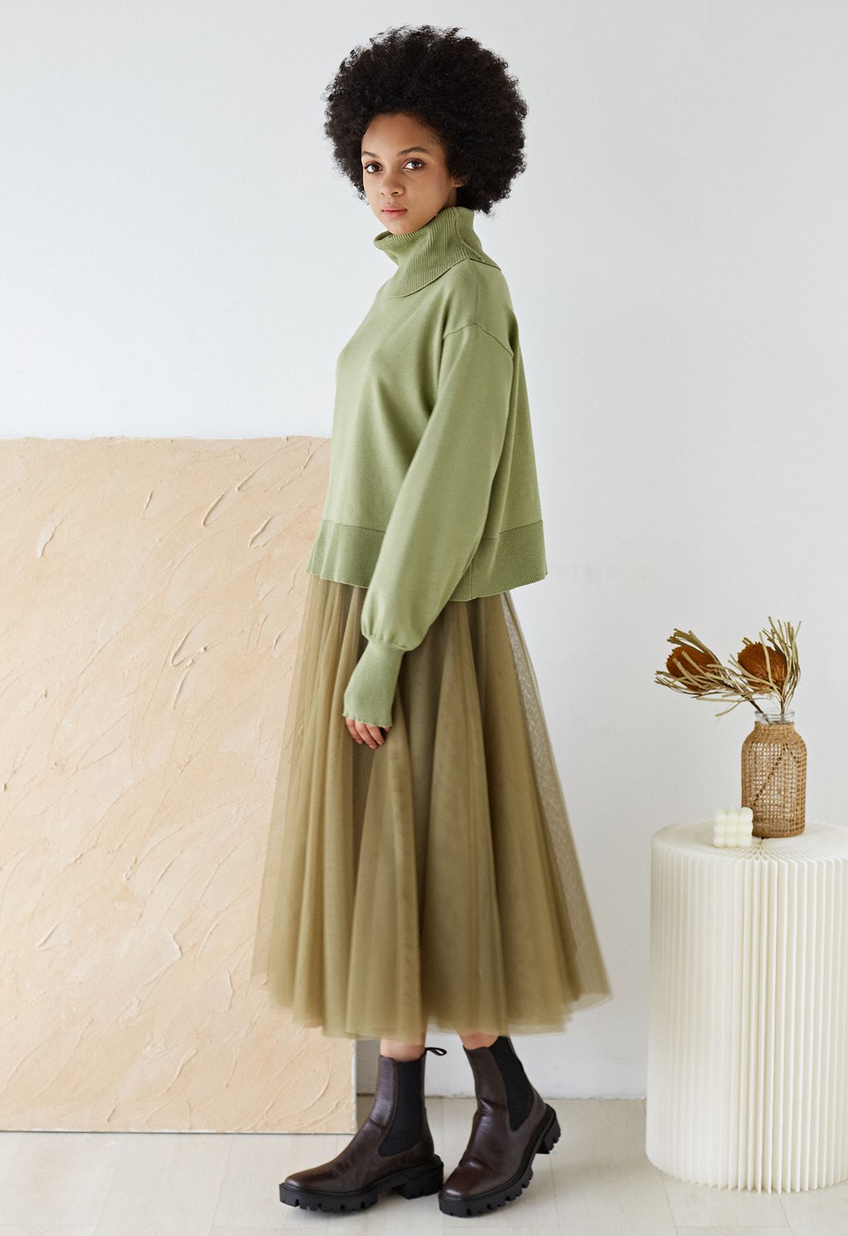 Turtleneck Side Buttons Slouchy Knit Top in Moss Green