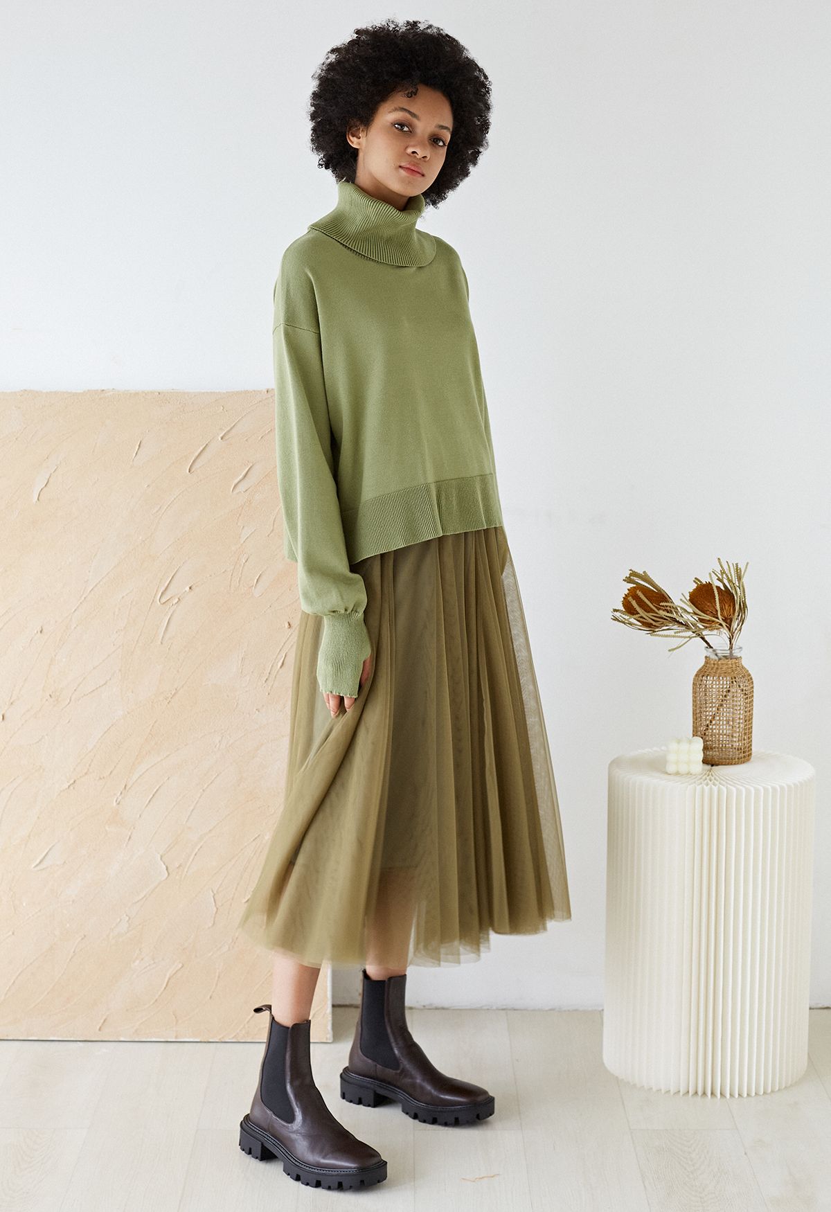 Turtleneck Side Buttons Slouchy Knit Top in Moss Green