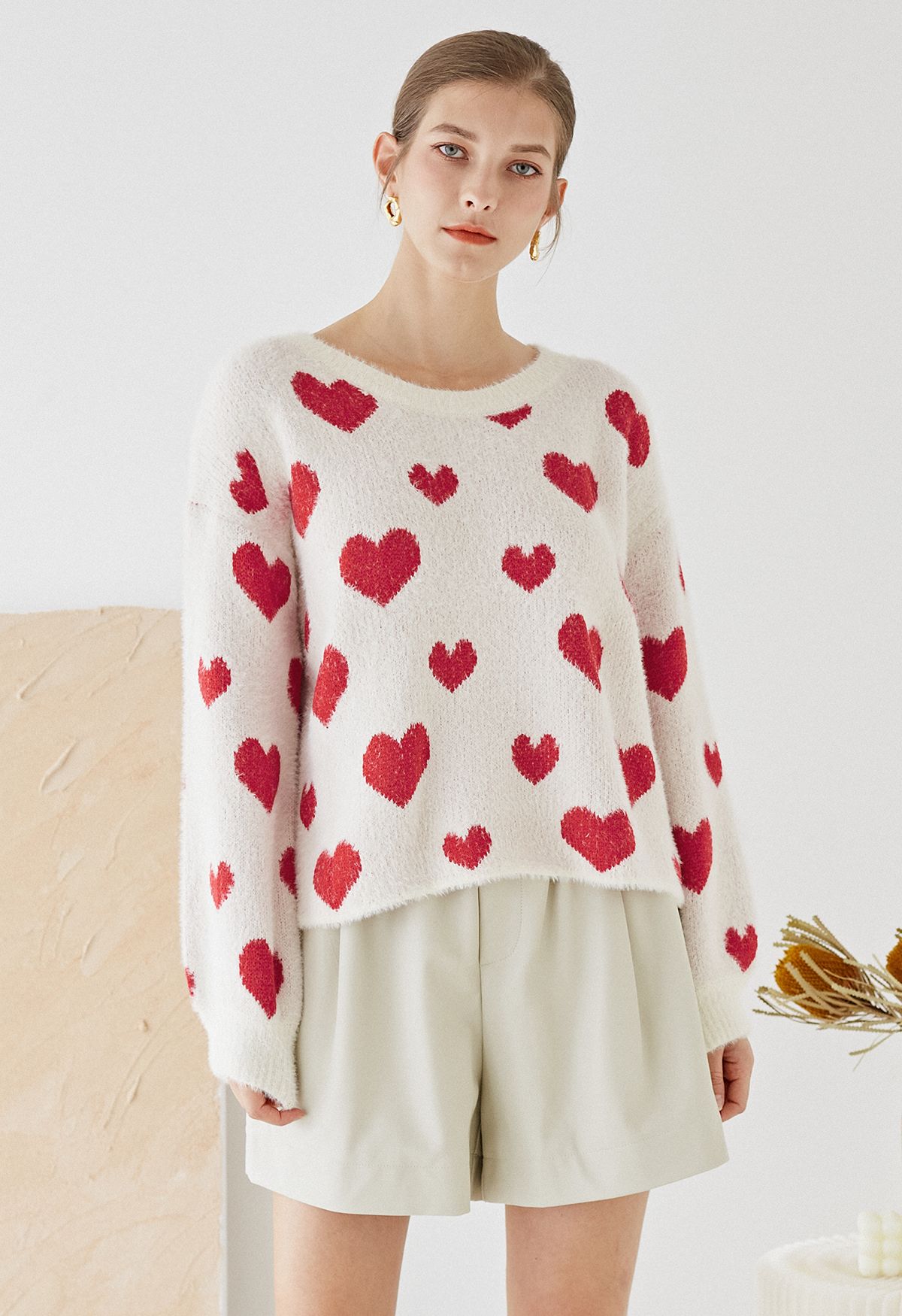 Fuzzy Contrast Heart Knit Sweater in Ivory - Retro, Indie and Unique ...