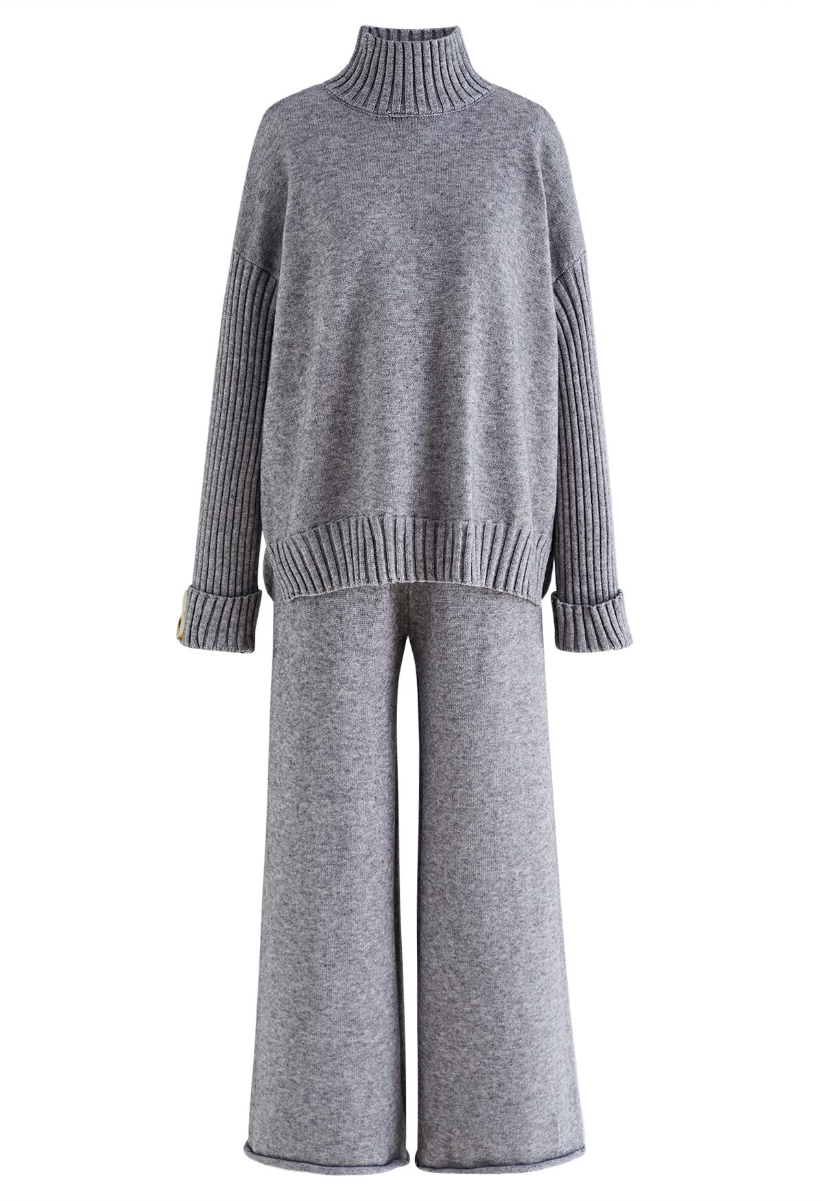 High Neck Buttoned Cuff Sweater and Knit Pants Set in Grey - Retro