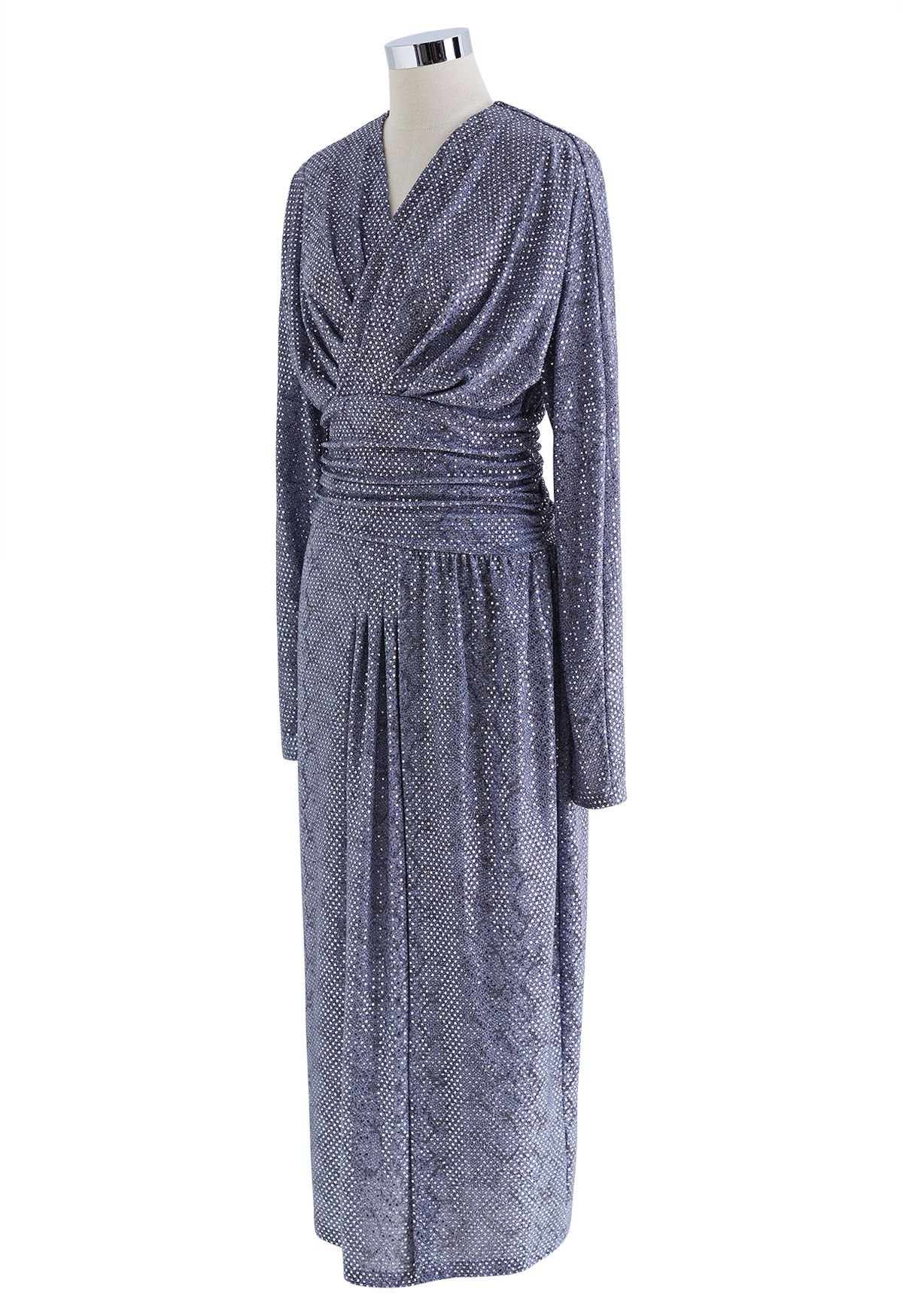 Sequined Snake Print Wrapped Slit Dress in Dusty Blue