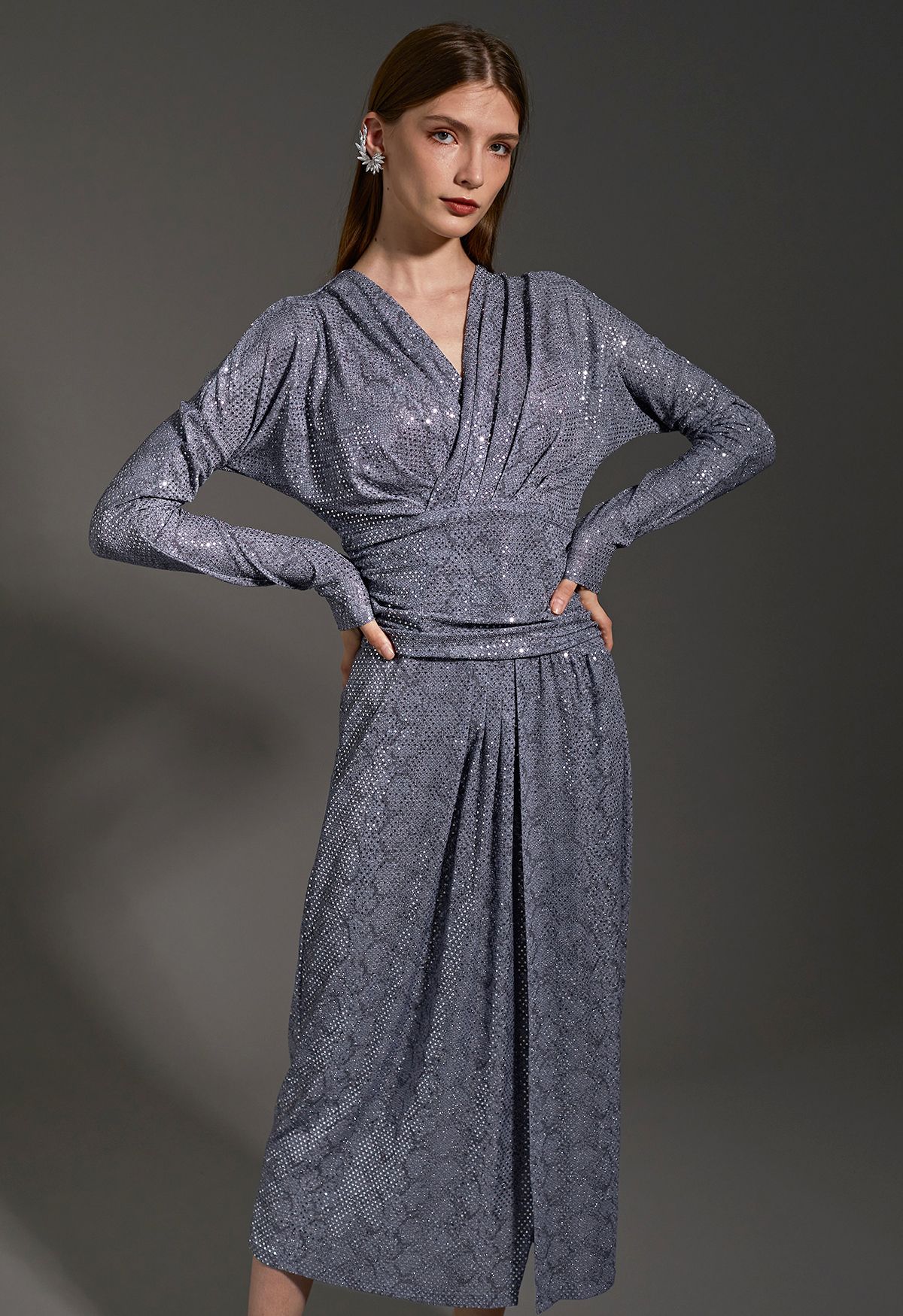 Sequined Snake Print Wrapped Slit Dress in Dusty Blue