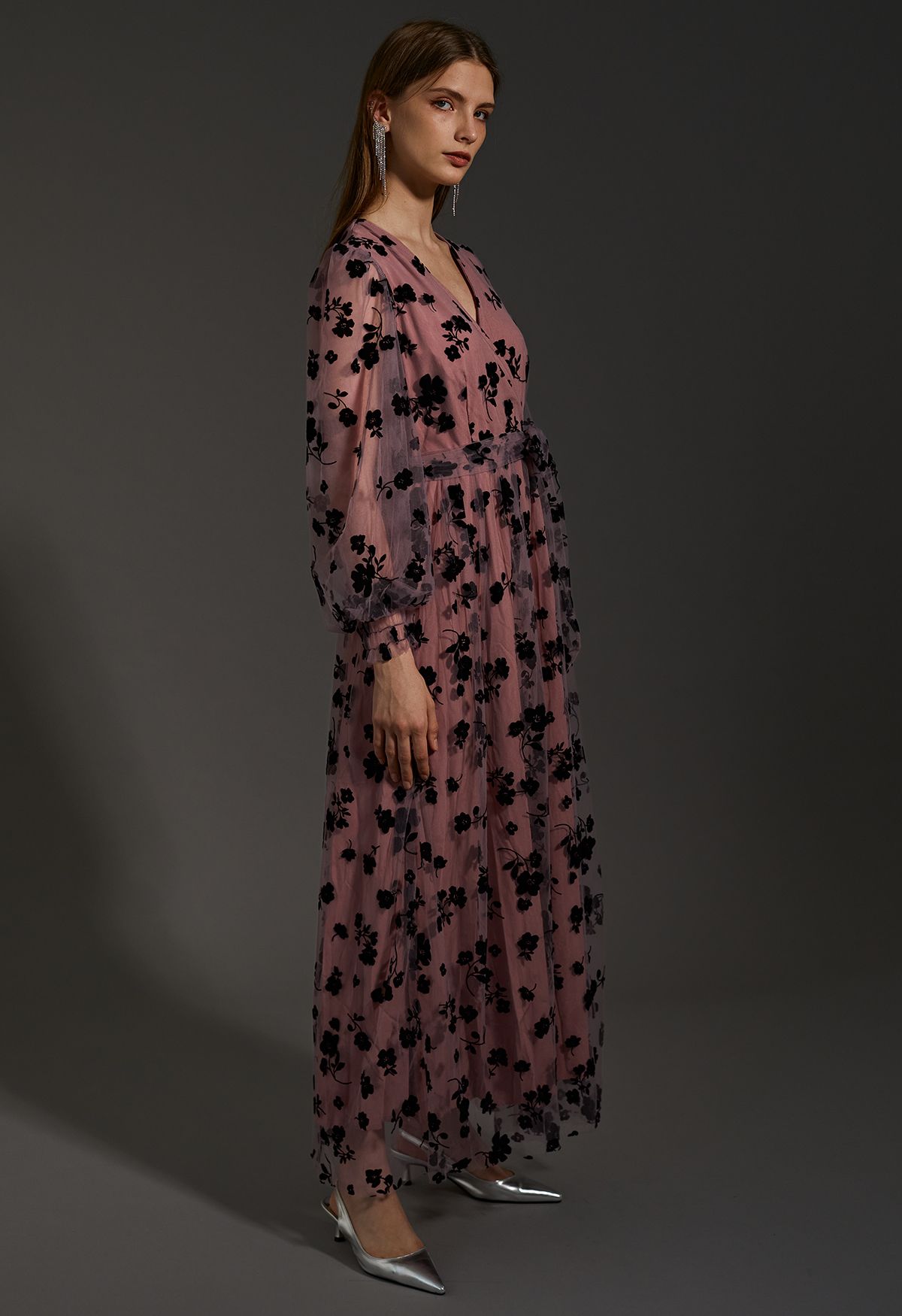 3D Posy Mesh Wrap Maxi Dress in Pink - Retro, Indie and Unique Fashion