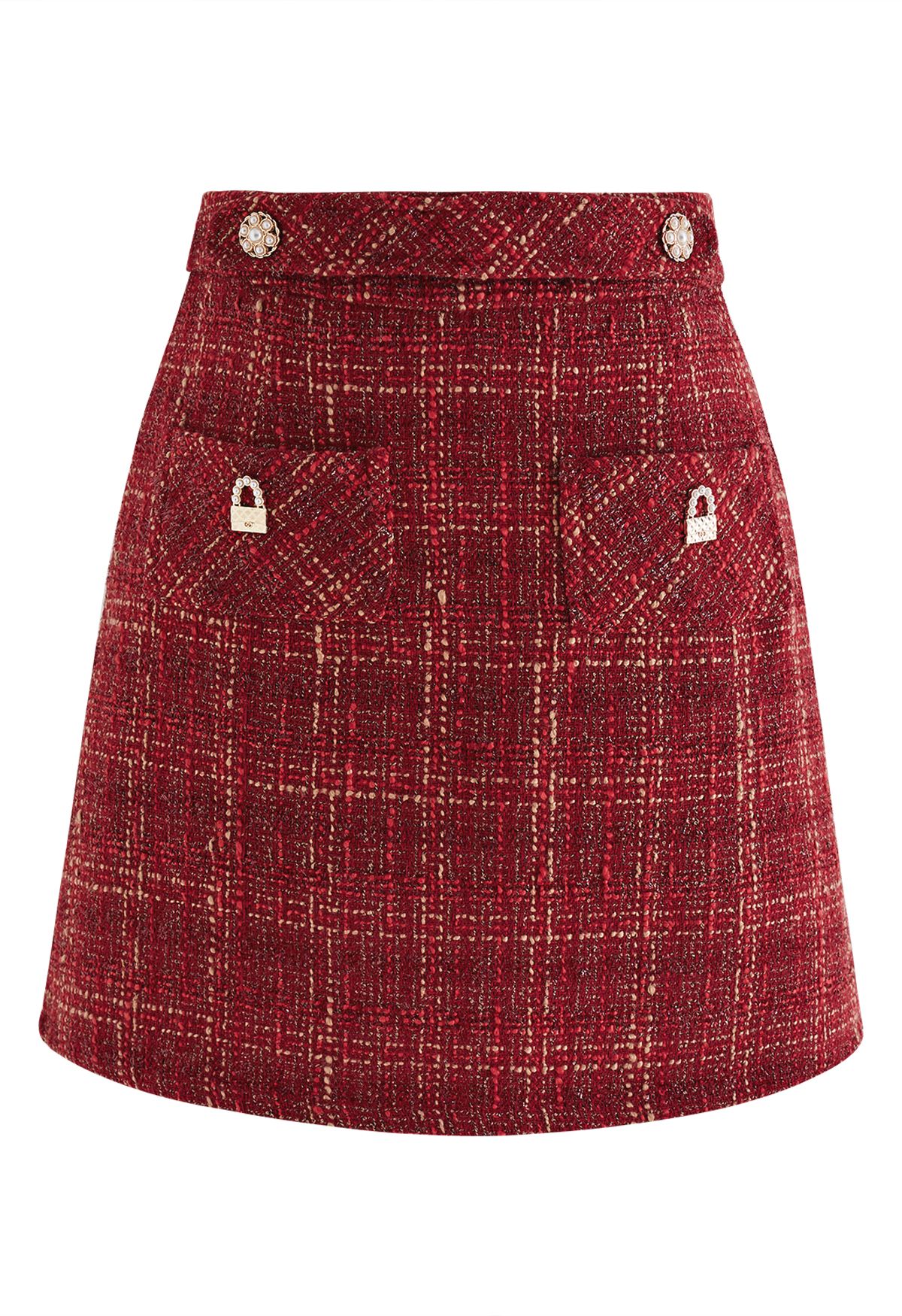 Timeless Designer Style Tweed Skirt with Pearl Buttons in Beige - Blooming  Daily