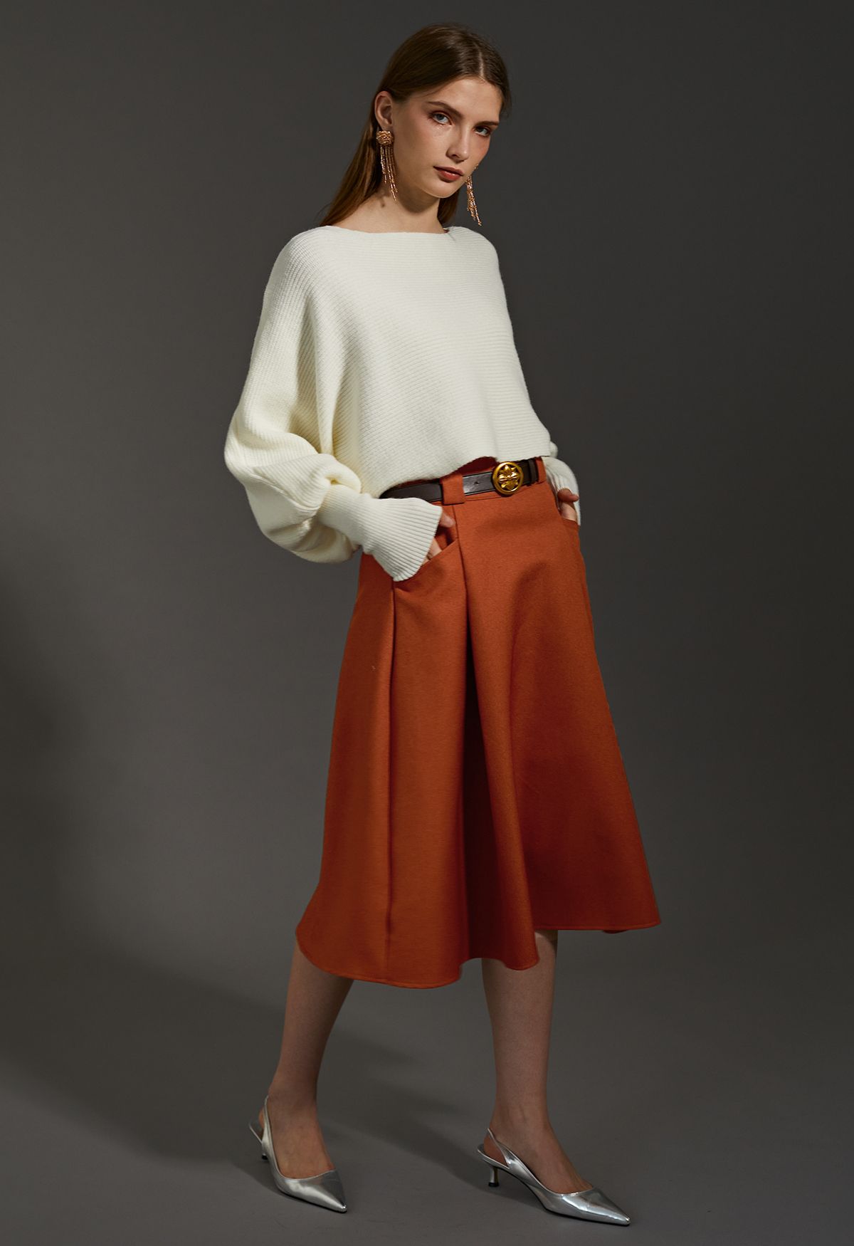 Belted Front Pocket Pleated Midi Skirt in Orange - Retro, Indie and ...