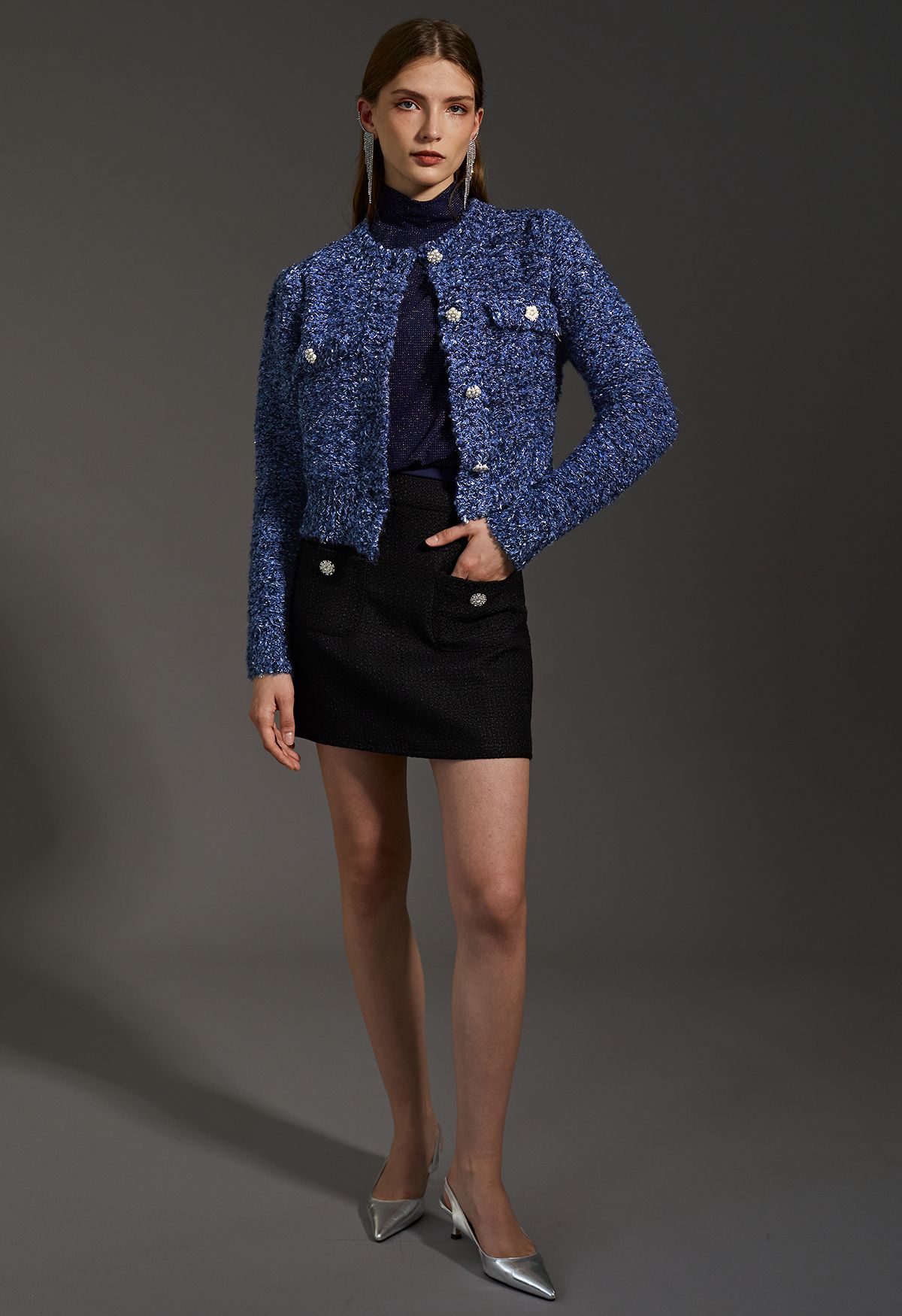 Pearly Button Shimmer Fuzzy Crop Cardigan in Blue - Retro, Indie and ...