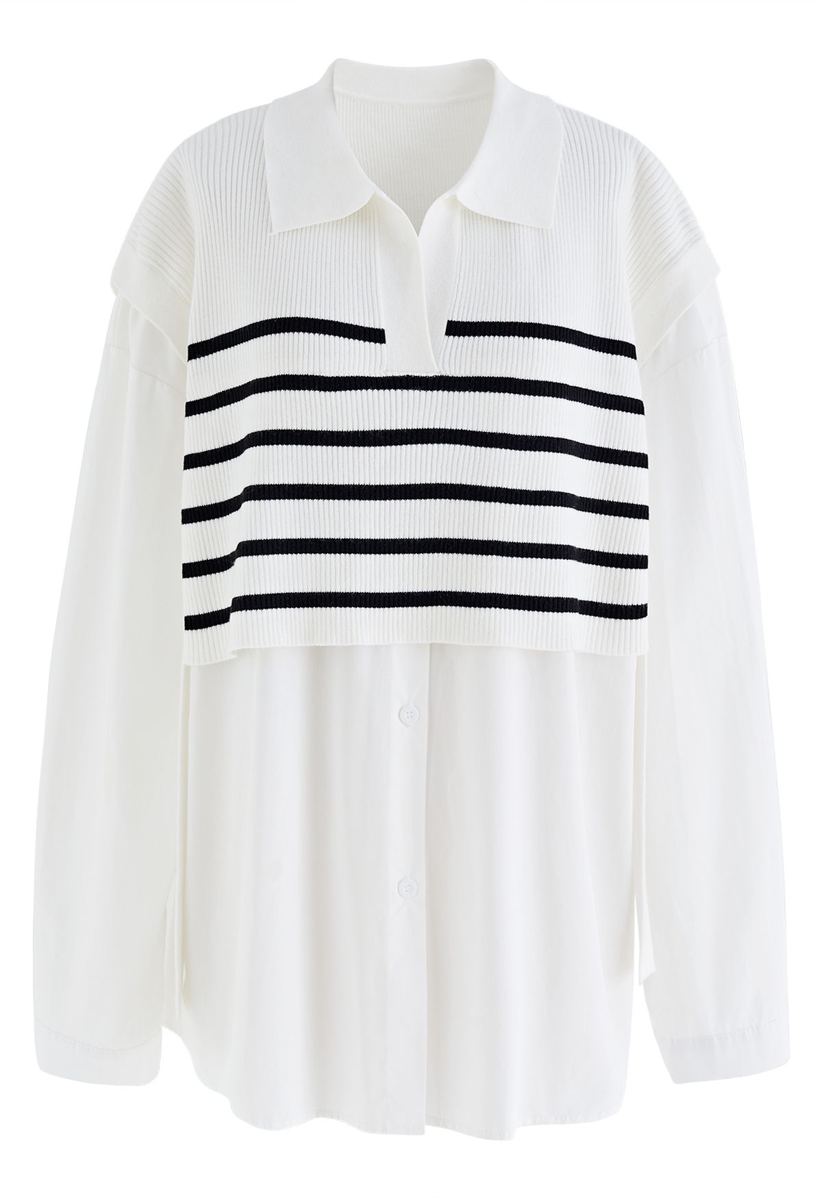 Stripe Knit Spliced Hi-Lo Shirt in White