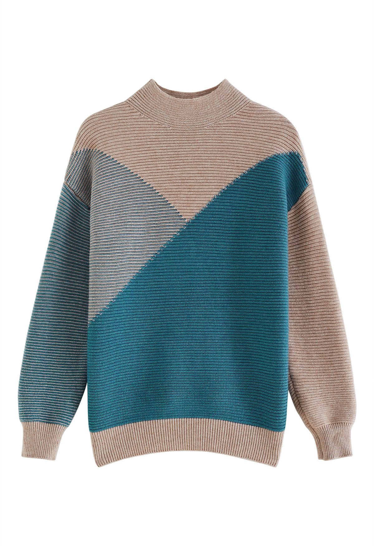 Mock Neck Color Blocked Knit Sweater in Turquoise