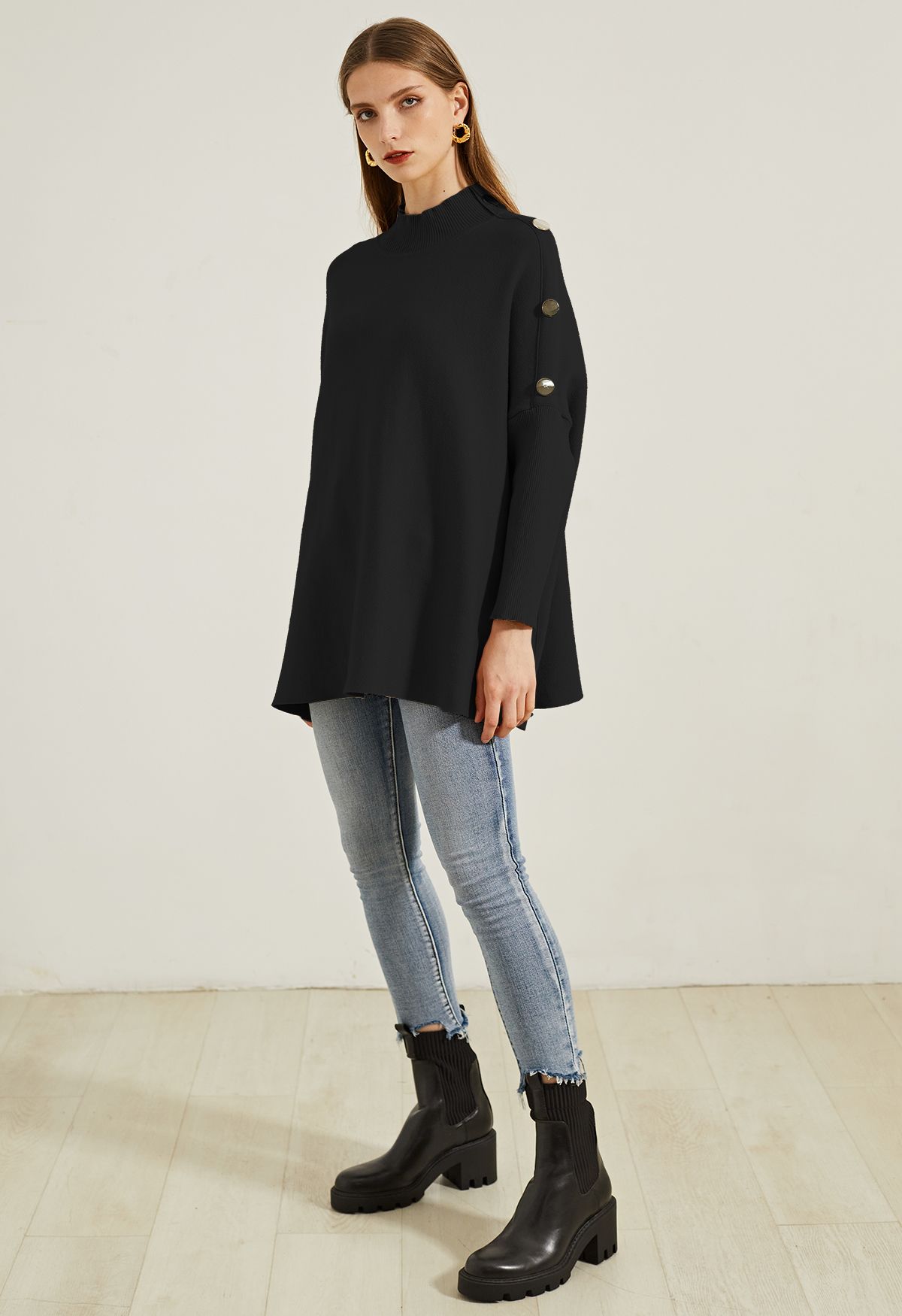 Side Buttoned Flap High Neck Knit Poncho in Black