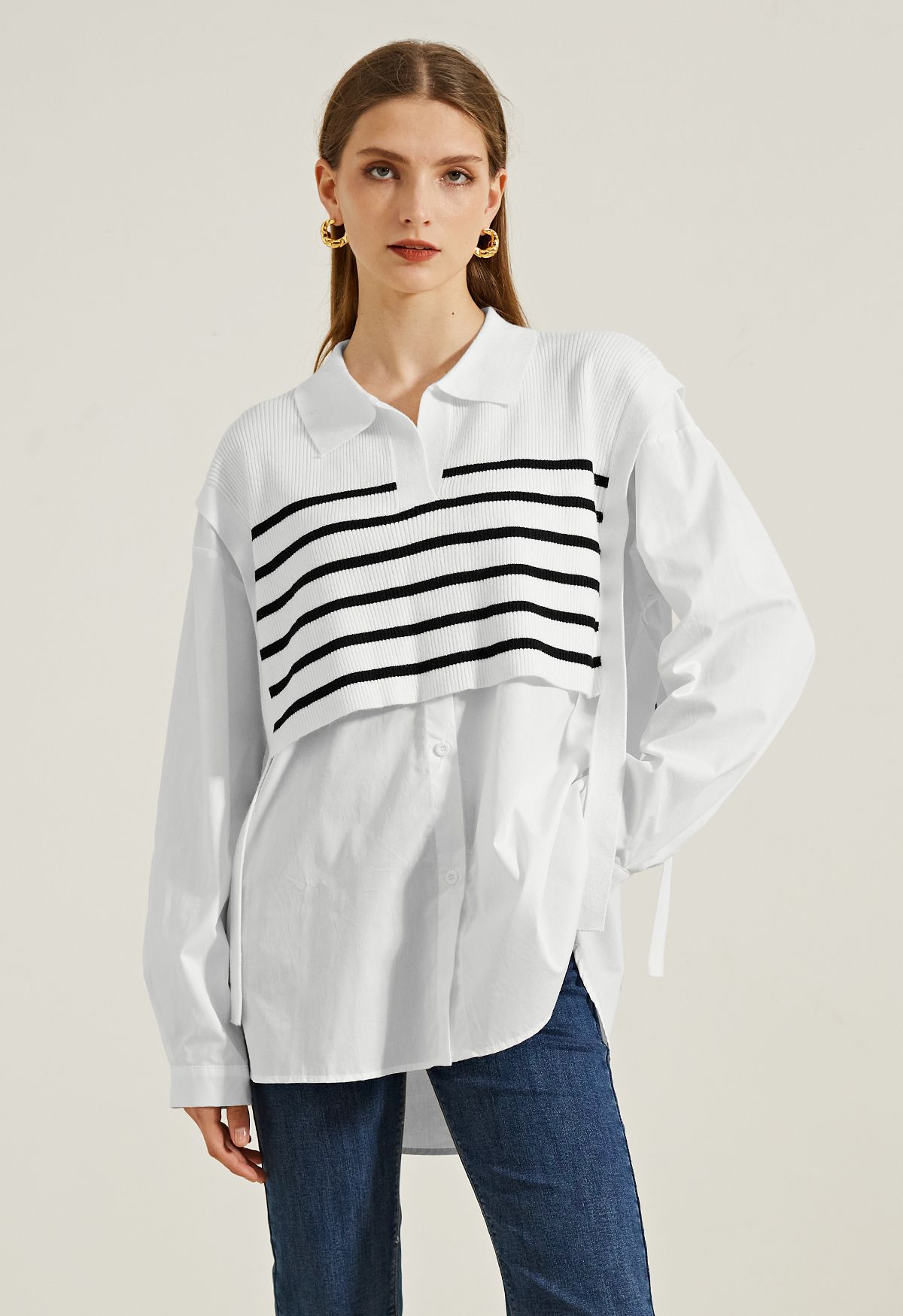 Stripe Knit Spliced Hi-Lo Shirt in White