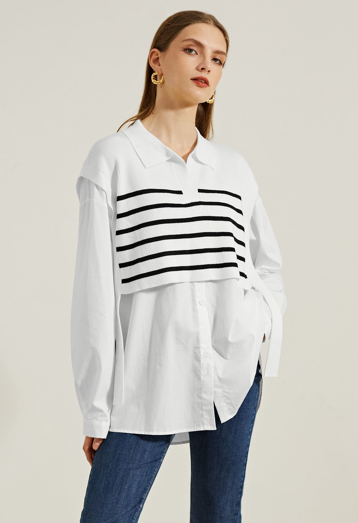 Stripe Knit Spliced Hi-Lo Shirt in White