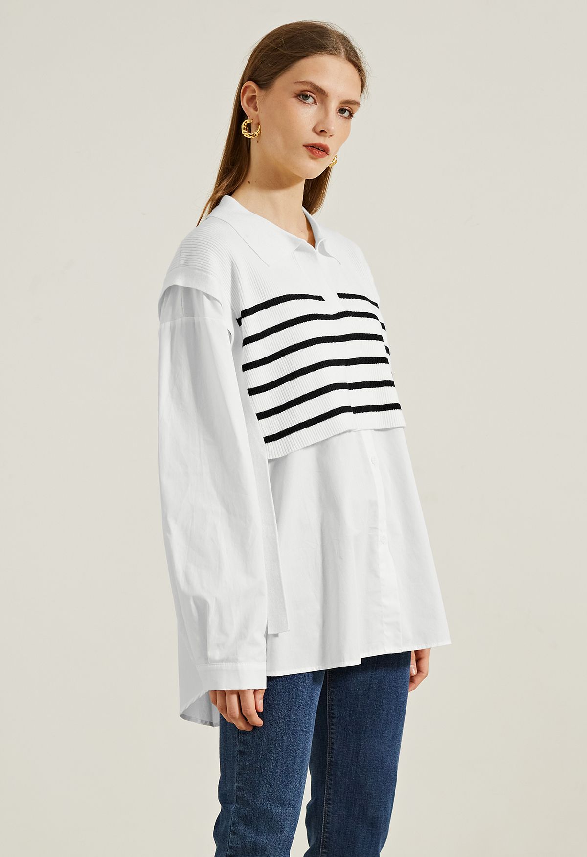 Stripe Knit Spliced Hi-Lo Shirt in White