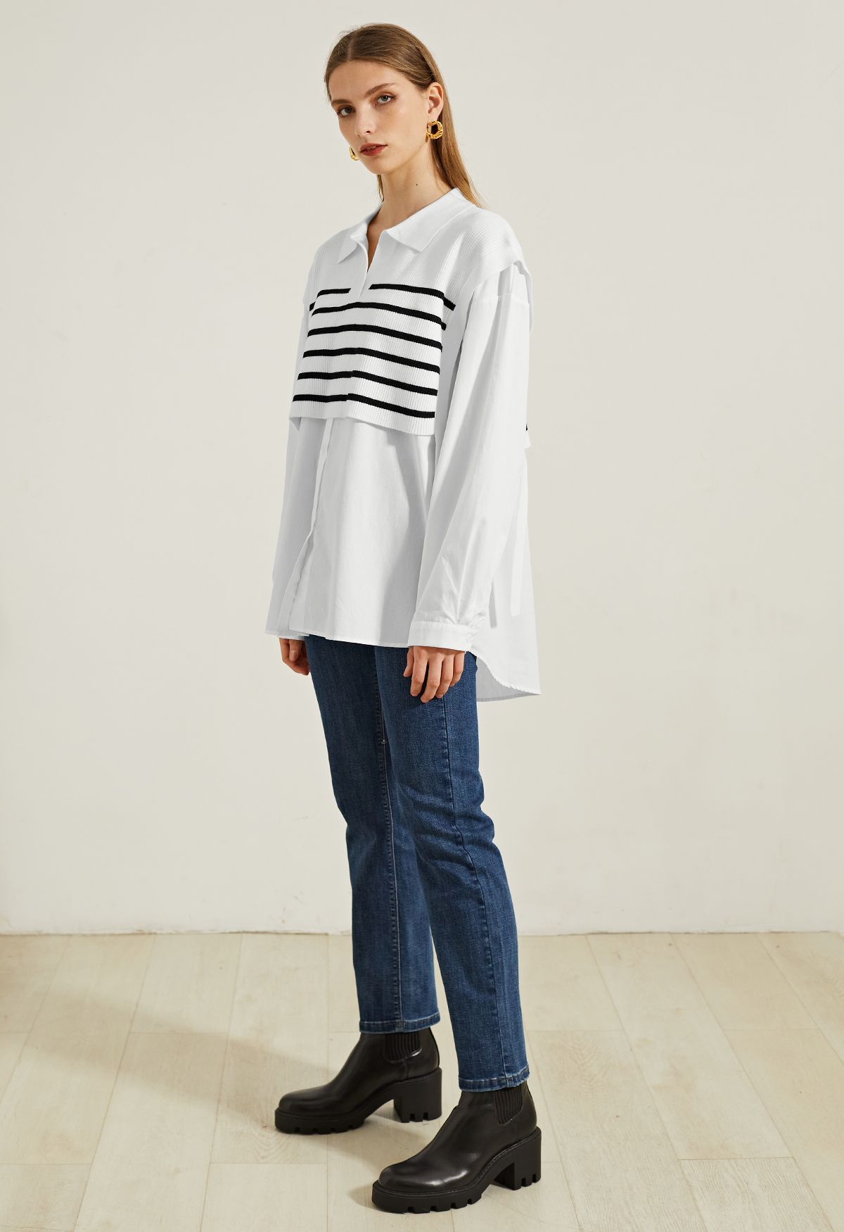 Stripe Knit Spliced Hi-Lo Shirt in White