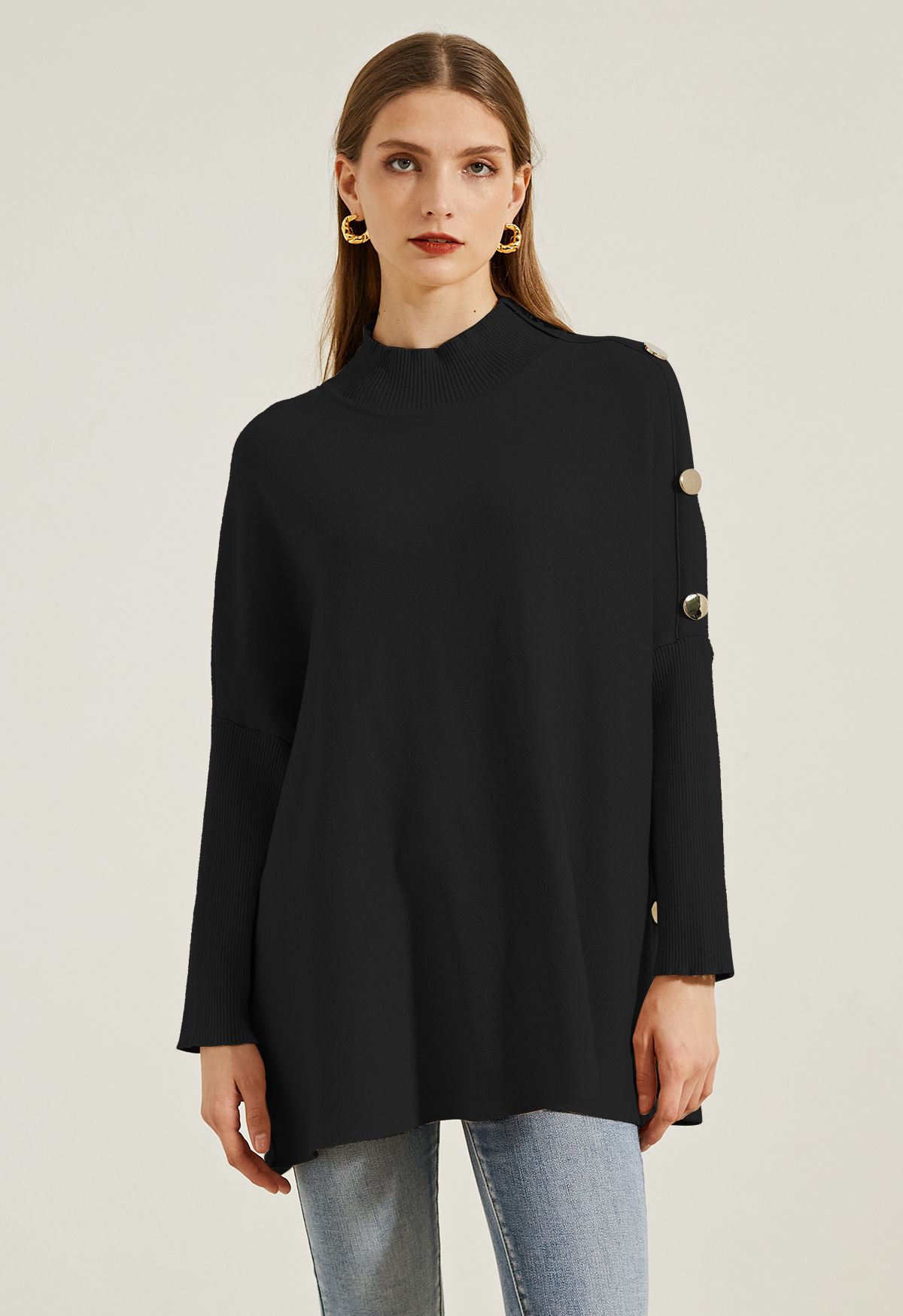 Side Buttoned Flap High Neck Knit Poncho in Black