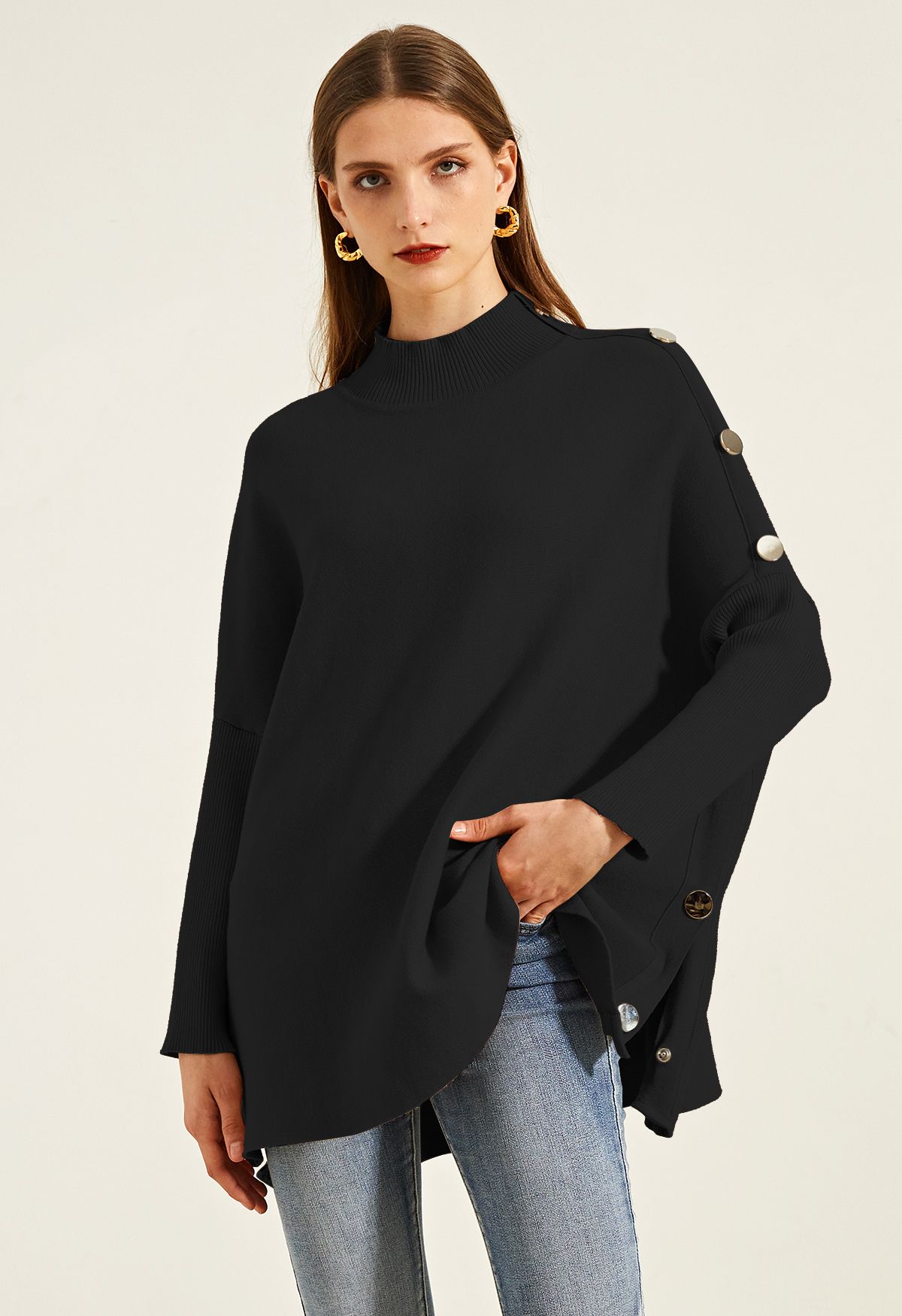 Side Buttoned Flap High Neck Knit Poncho in Black