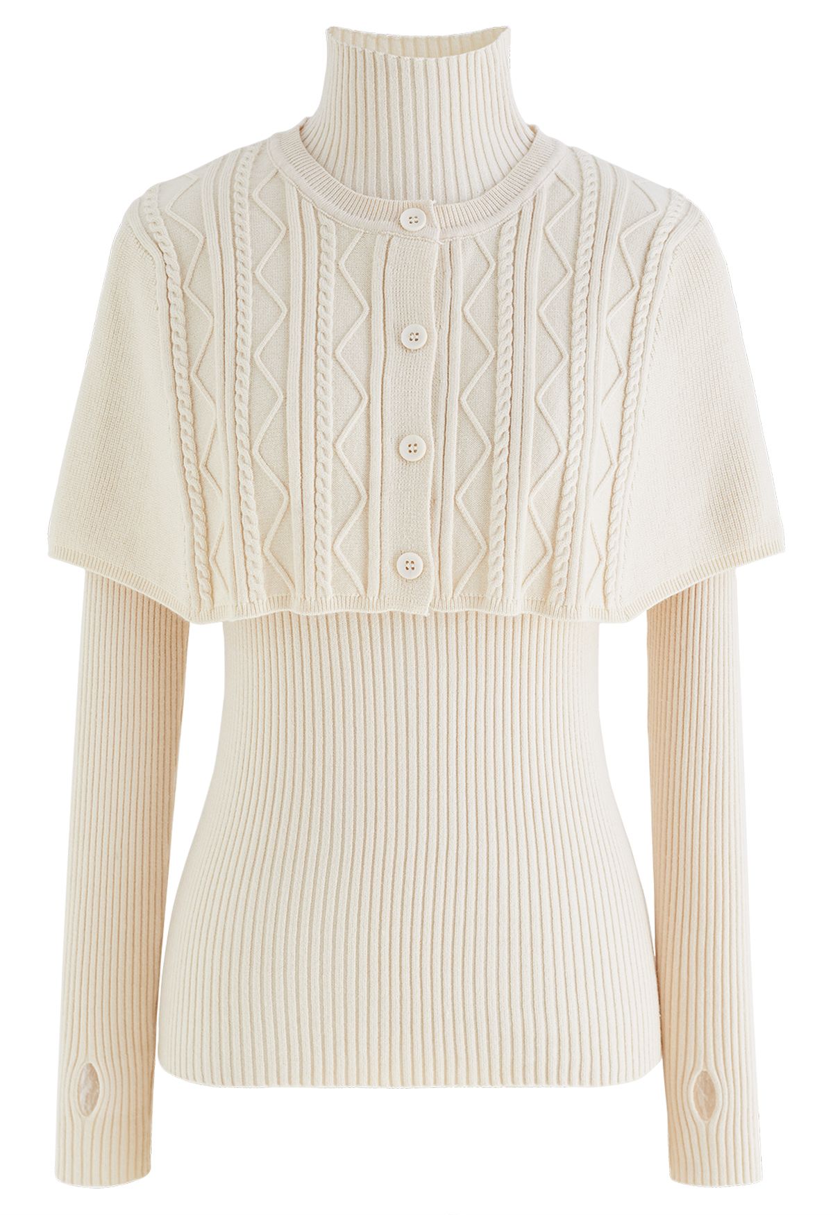 Mock Neck Ribbed Knit Twinset Top in Cream