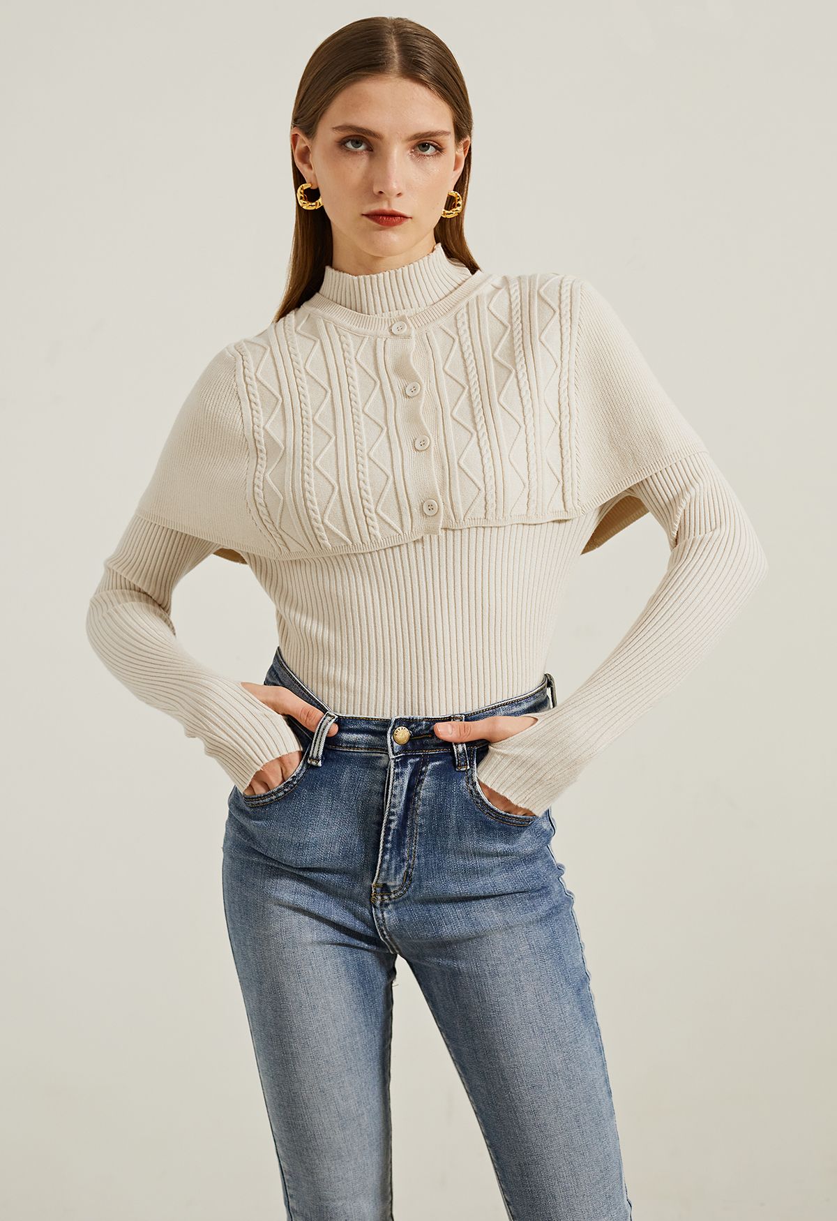 Mock Neck Ribbed Knit Twinset Top in Cream