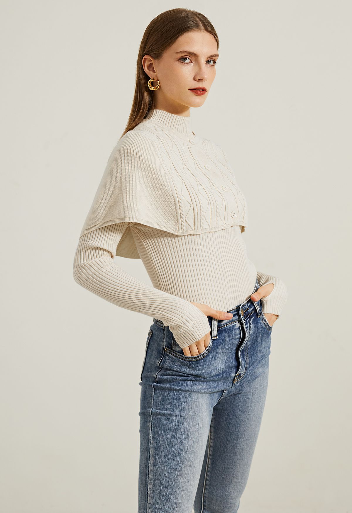 Mock Neck Ribbed Knit Twinset Top in Cream