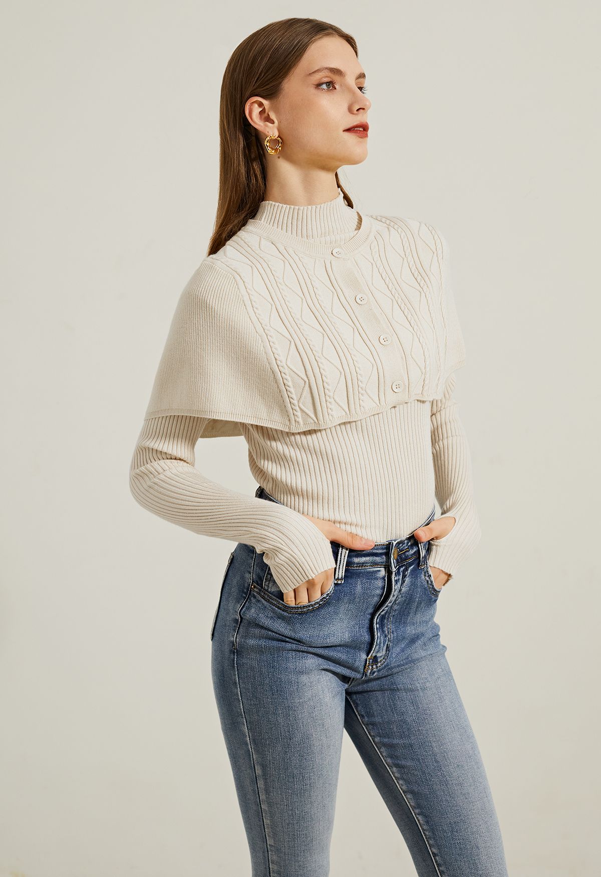 Mock Neck Ribbed Knit Twinset Top in Cream