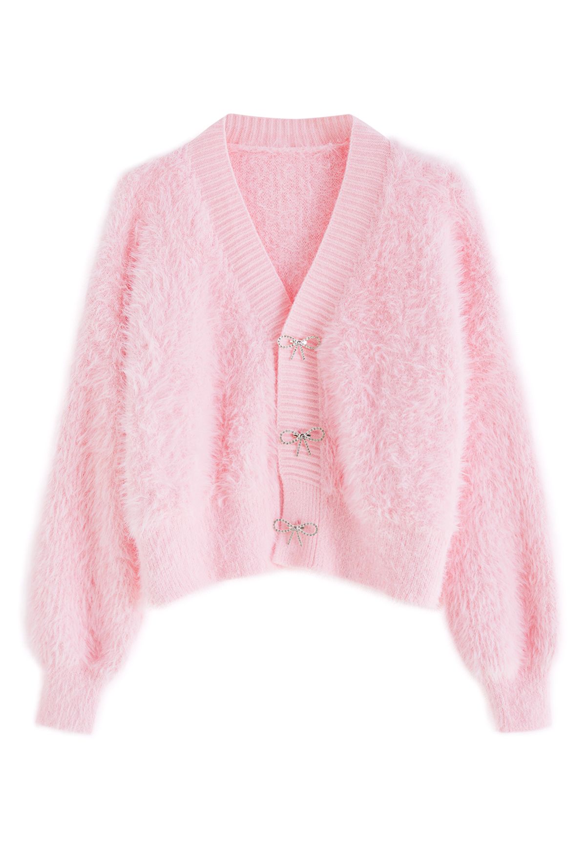 Bowknot Brooch Fuzzy Knit Cardigan in Pink - Retro, Indie and