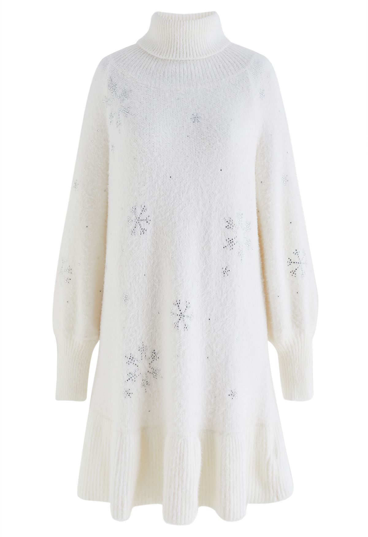 Rhinestone Snowflake Turtleneck Fuzzy Knit Dress in White