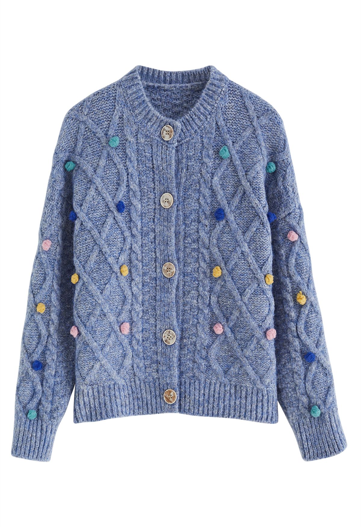 Colorful Pom-Pom Diamond Knit Cardigan in Blue - Retro, Indie and ...